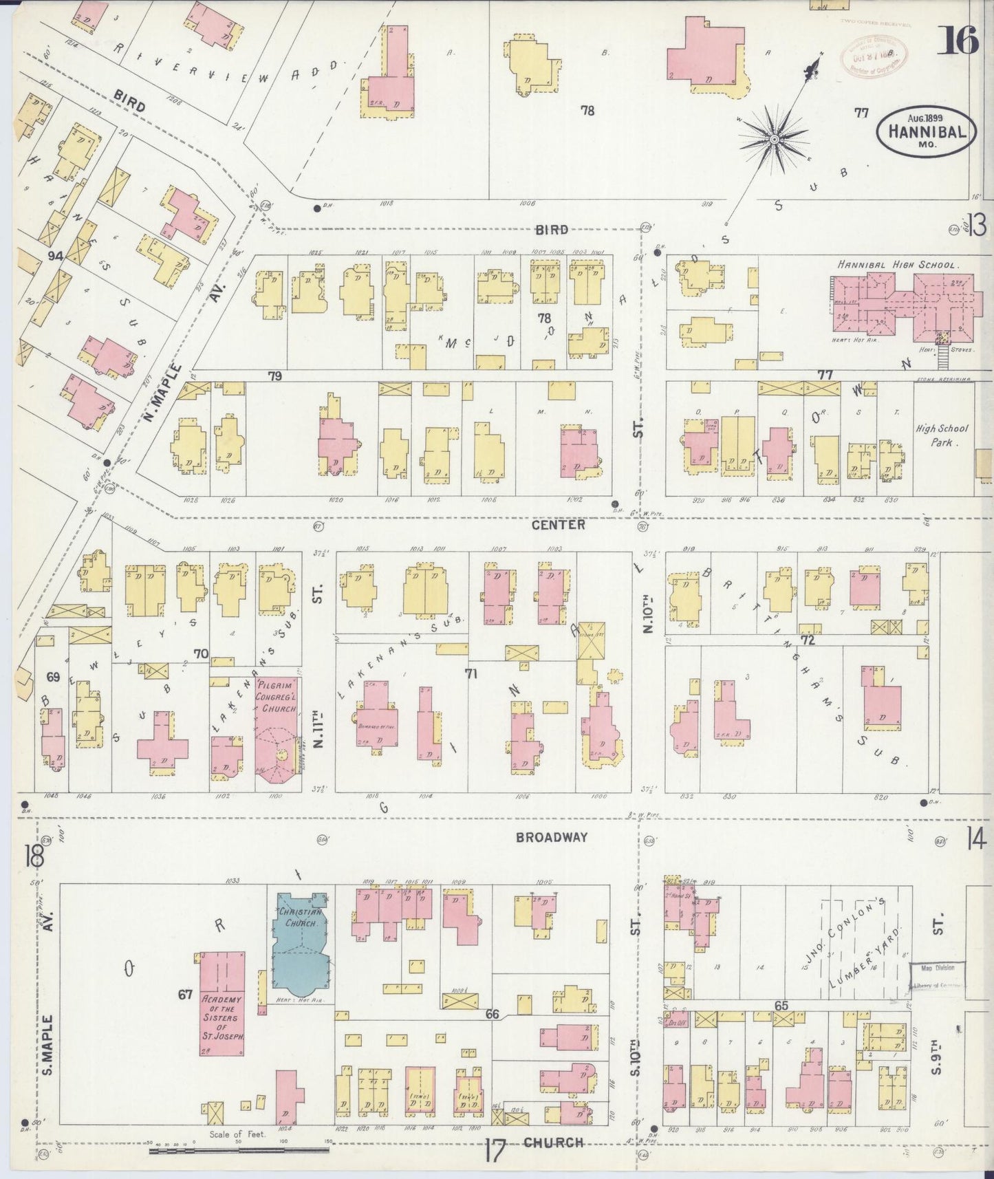 Sanborn Fire Insurance Map from Hannibal, Marion County, Missouri (1899), Sheet #0016 - Historic Sanborn Fire Insurance Map Print, vintage old map wall art, antique decor, genealogy gift, Missouri Missouri map