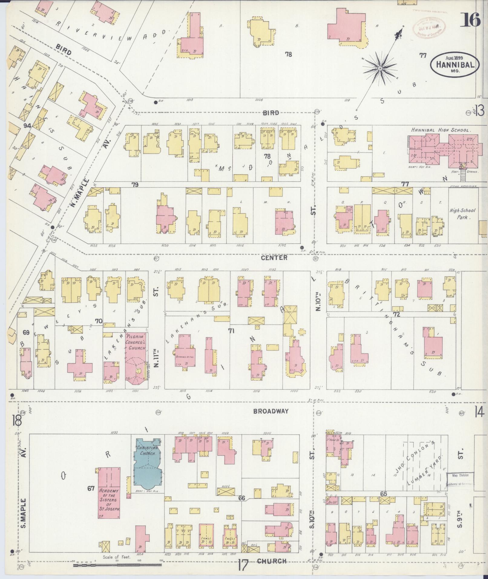 Sanborn Fire Insurance Map from Hannibal, Marion County, Missouri (1899), Sheet #0016 - Historic Sanborn Fire Insurance Map Print, vintage old map wall art, antique decor, genealogy gift, Missouri Missouri map