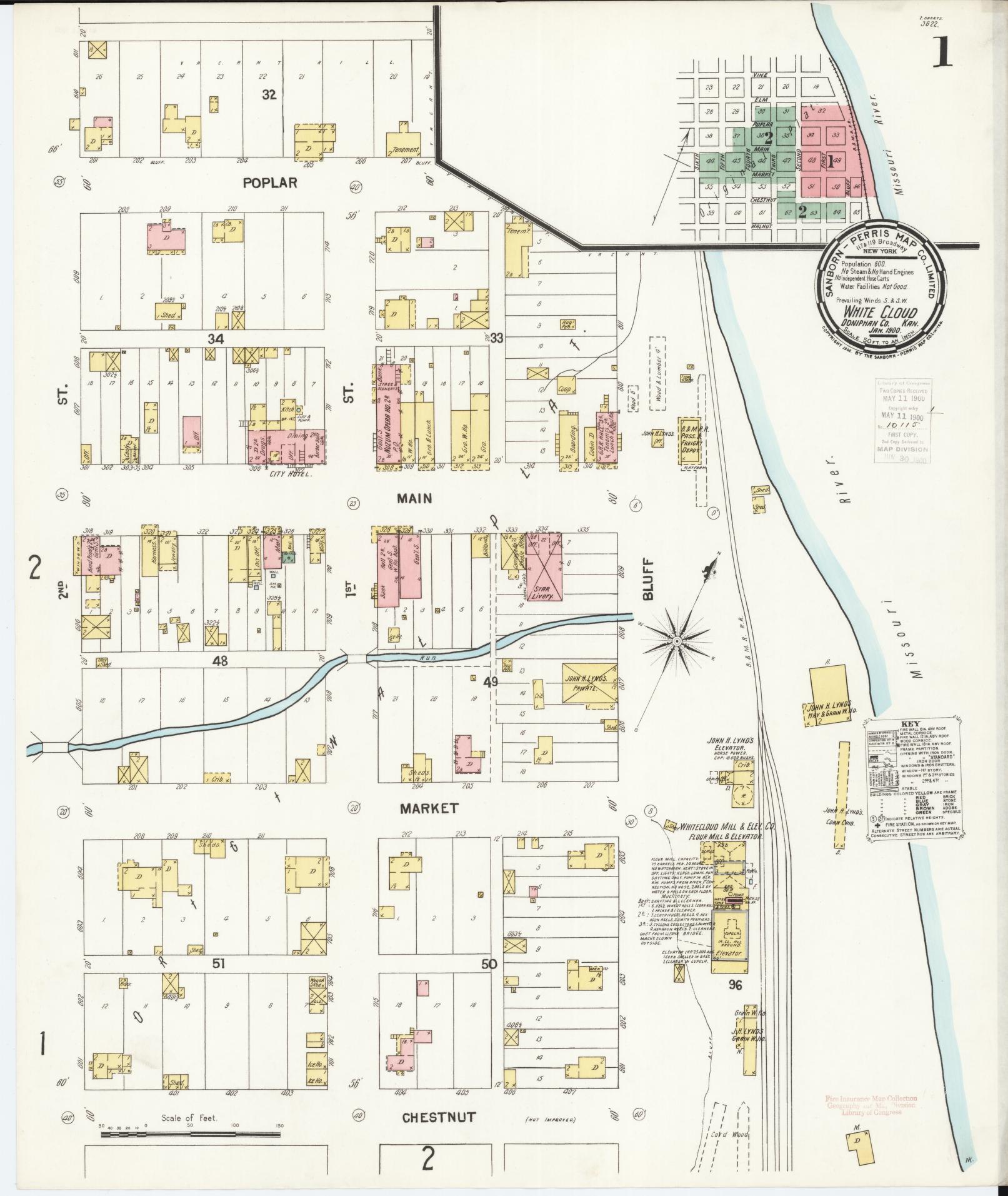 Sanborn Fire Insurance Map from White Cloud, Doniphan County, Kansas (1900), Sheet #0001 - Complete Map Set gallery image, historic Sanborn map, vintage wall art, Kansas Kansas