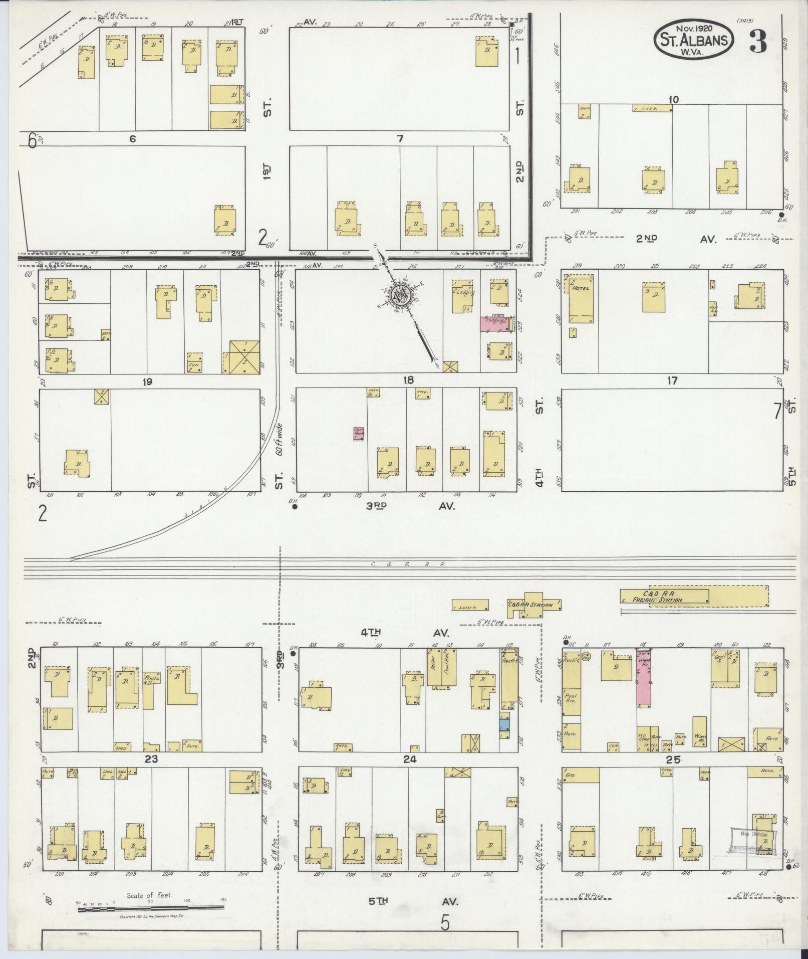Sanborn Fire Insurance Map from Saint Albans, Kanawha County, West Virginia (1920), Sheet #0003 - Complete Map Set gallery image, historic Sanborn map, vintage wall art, West Virginia West Virginia