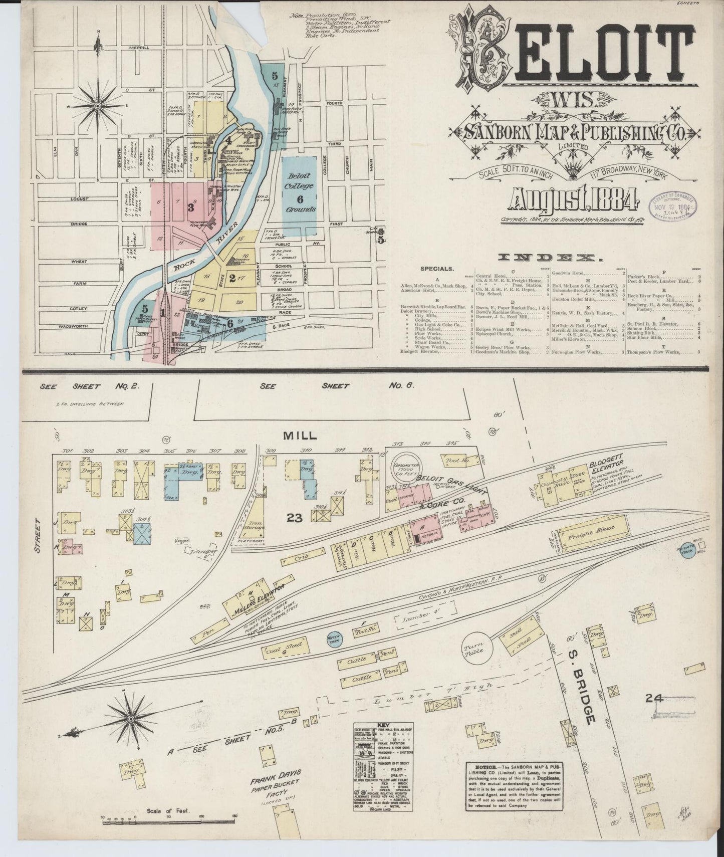 Sanborn Fire Insurance Map from Beloit, Rock County, Wisconsin (1884), Sheet #0001 - Historic Sanborn Fire Insurance Map Print, vintage old map wall art, antique decor, genealogy gift, Wisconsin Wisconsin map