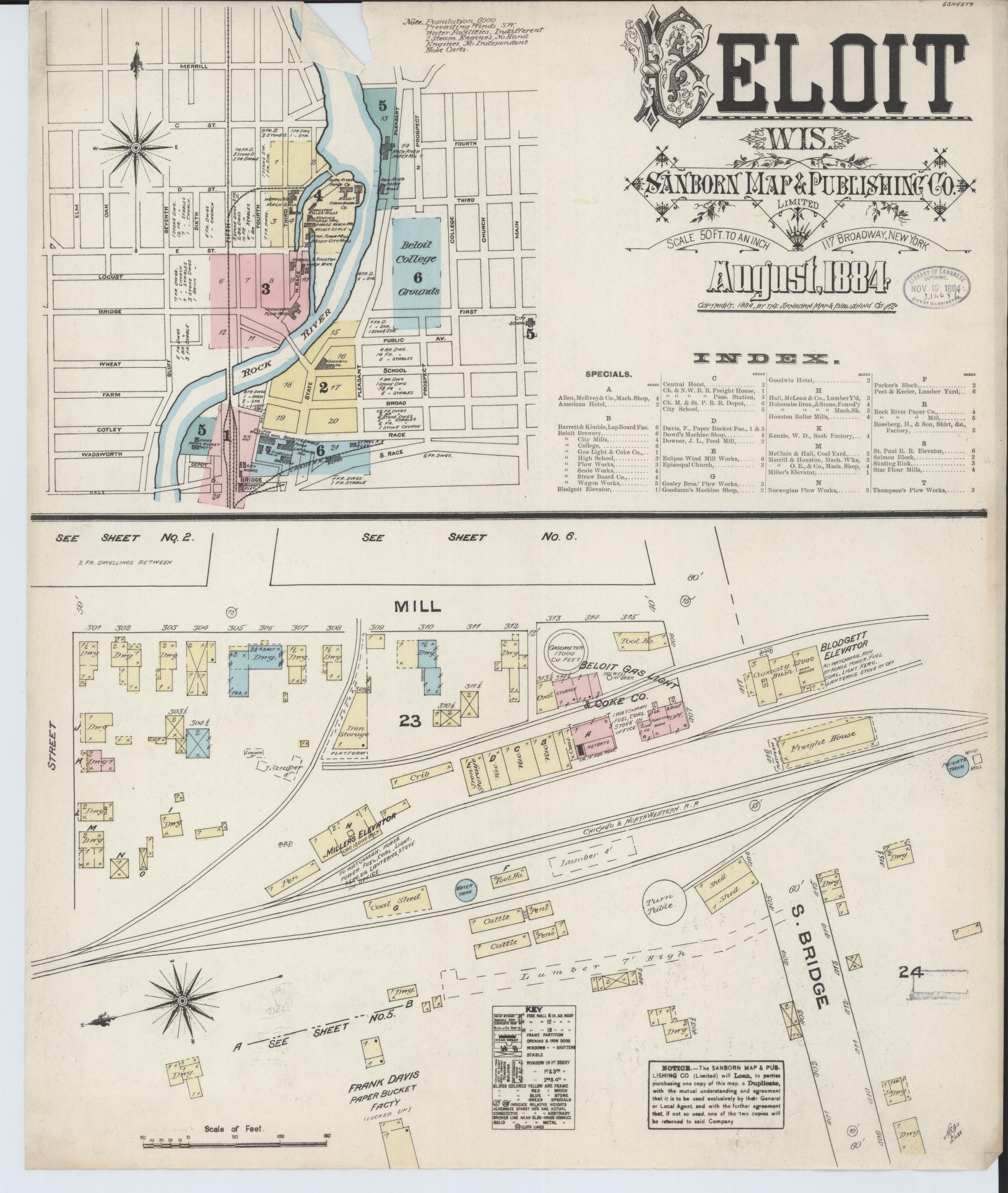 Sanborn Fire Insurance Map from Beloit, Rock County, Wisconsin (1884), Sheet #0001 - Historic Sanborn Fire Insurance Map Print, vintage old map wall art, antique decor, genealogy gift, Wisconsin Wisconsin map
