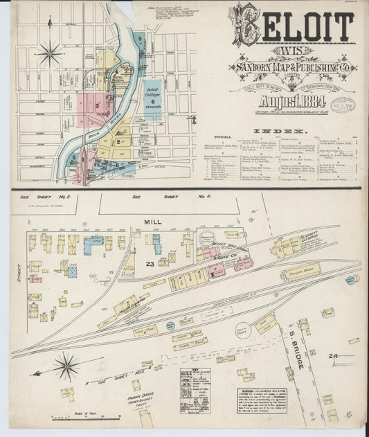 Sanborn Fire Insurance Map from Beloit, Rock County, Wisconsin (1884), Sheet #0001 - Historic Sanborn Fire Insurance Map Print, vintage old map wall art, antique decor, genealogy gift, Wisconsin Wisconsin map