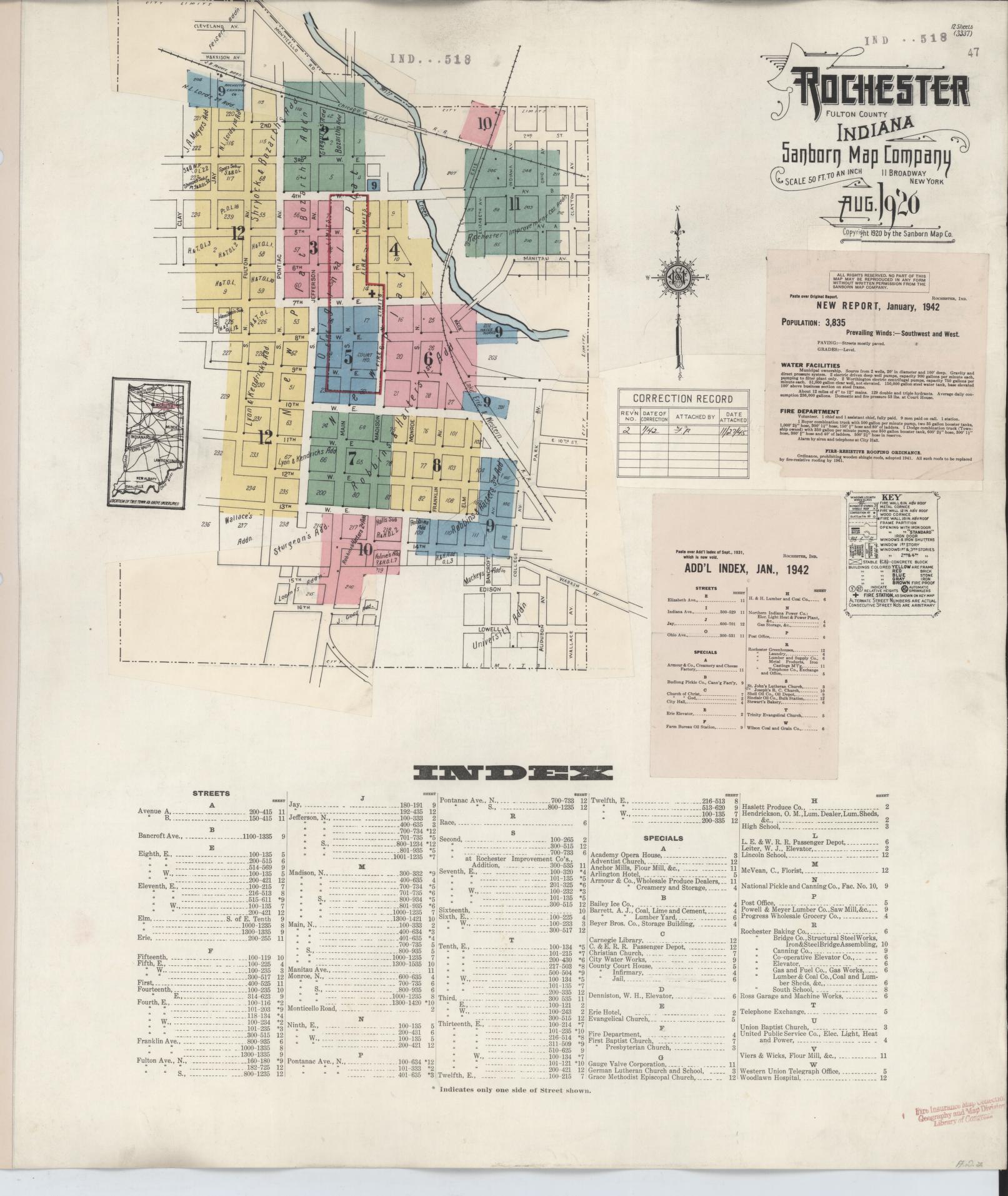 Sanborn Fire Insurance Map from Rochester, Fulton County, Indiana (1942), Sheet #0001 - Historic Sanborn Fire Insurance Map Print, vintage old map wall art, antique decor, genealogy gift, Indiana Indiana map