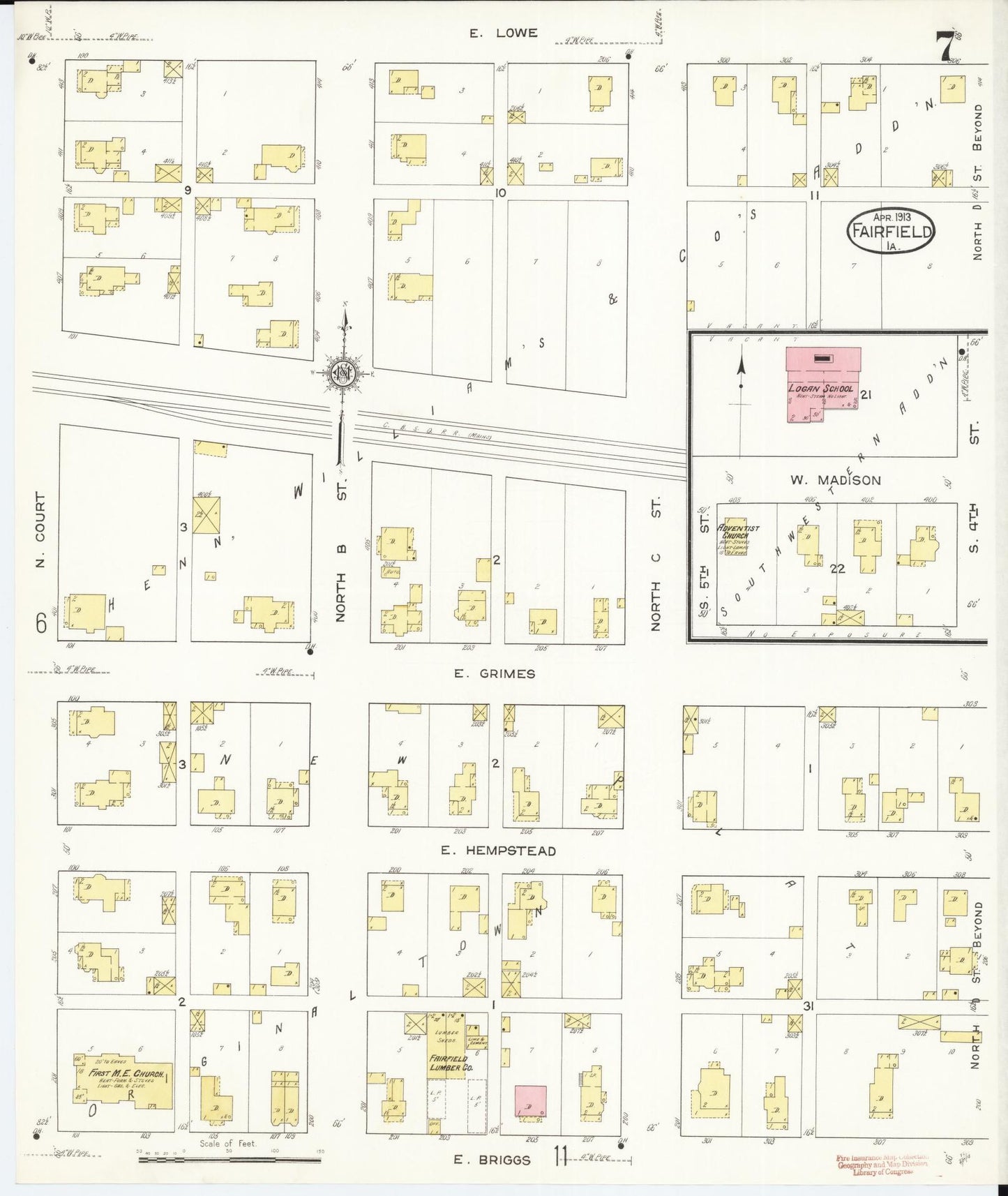 Sanborn Fire Insurance Map from Fairfield, Jefferson County, Iowa (1913), Sheet #0007 - Historic Sanborn Fire Insurance Map Print, vintage old map wall art