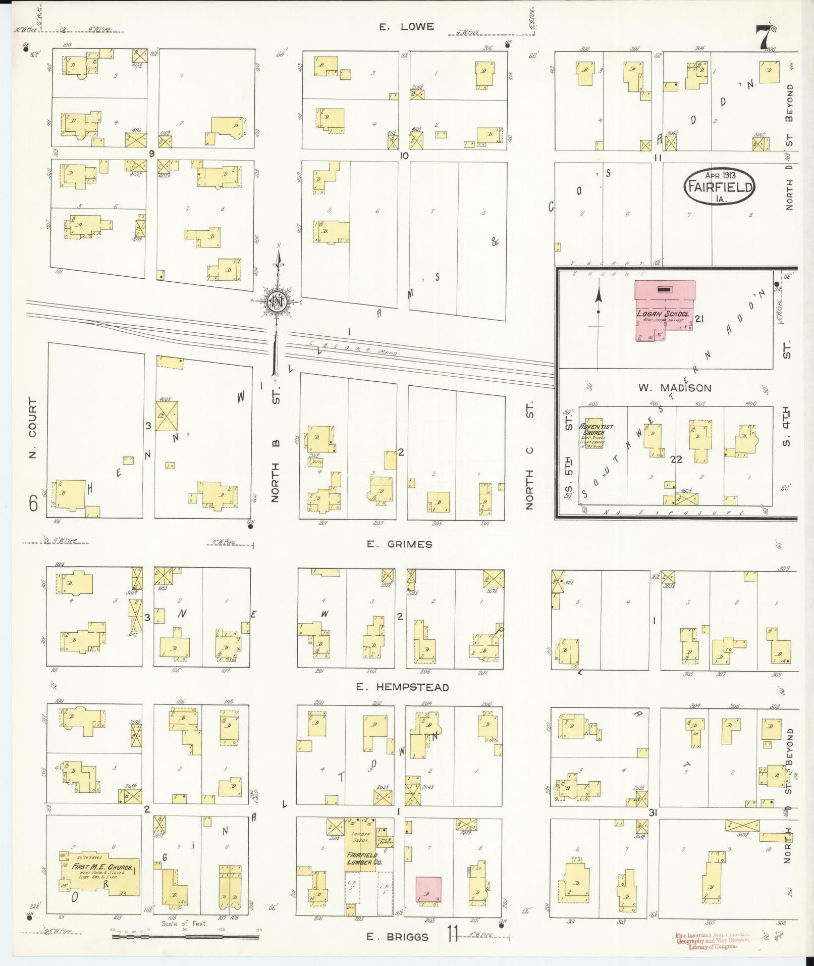 Sanborn Fire Insurance Map from Fairfield, Jefferson County, Iowa (1913), Sheet #0007 - Historic Sanborn Fire Insurance Map Print, vintage old map wall art