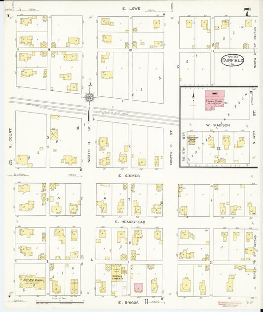 Sanborn Fire Insurance Map from Fairfield, Jefferson County, Iowa (1913), Sheet #0007 - Historic Sanborn Fire Insurance Map Print, vintage old map wall art