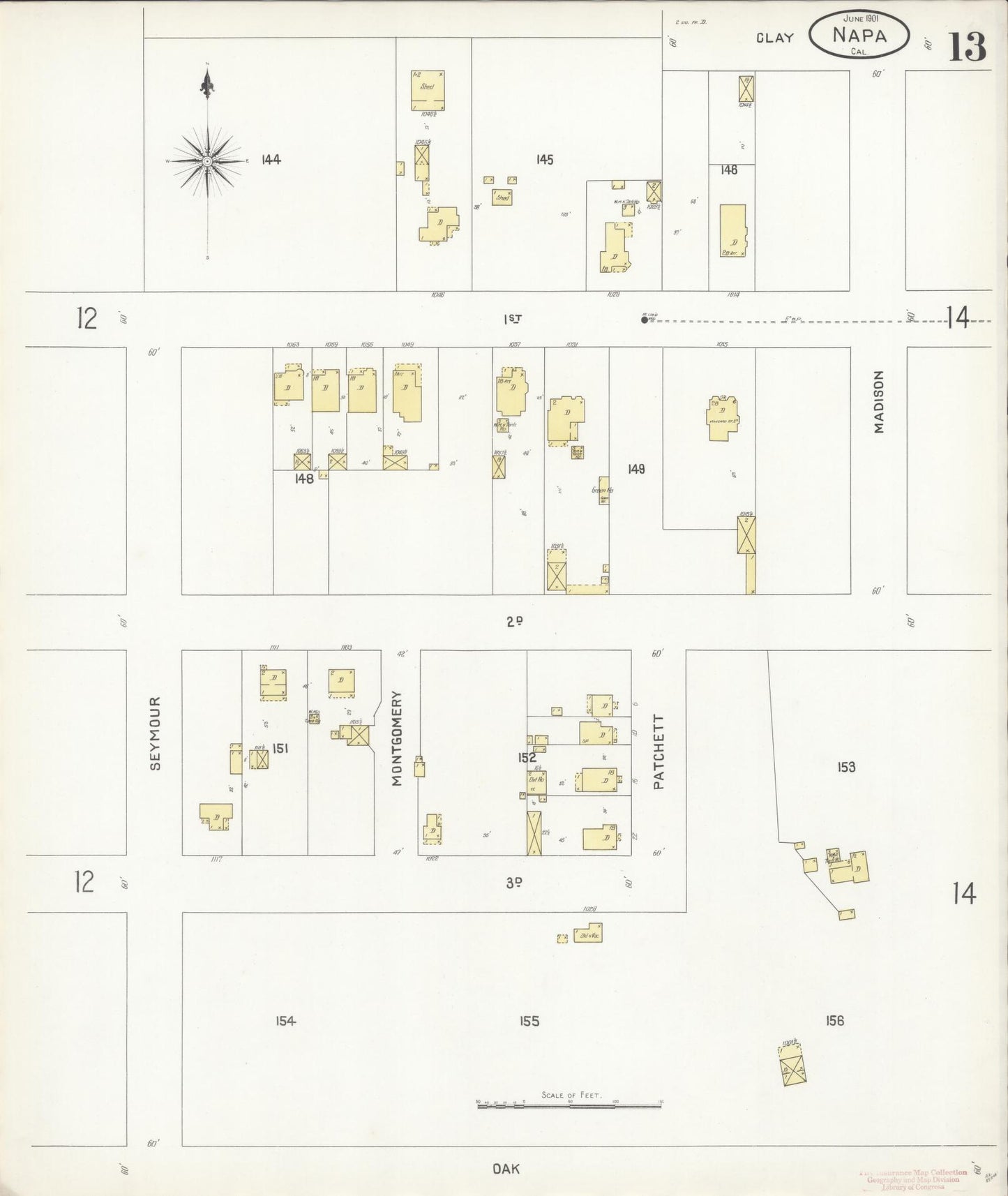Sanborn Fire Insurance Map from Napa, Napa County, California (1901), Sheet #0013 - Historic Sanborn Fire Insurance Map Print, vintage old map wall art, antique decor, genealogy gift, California California map
