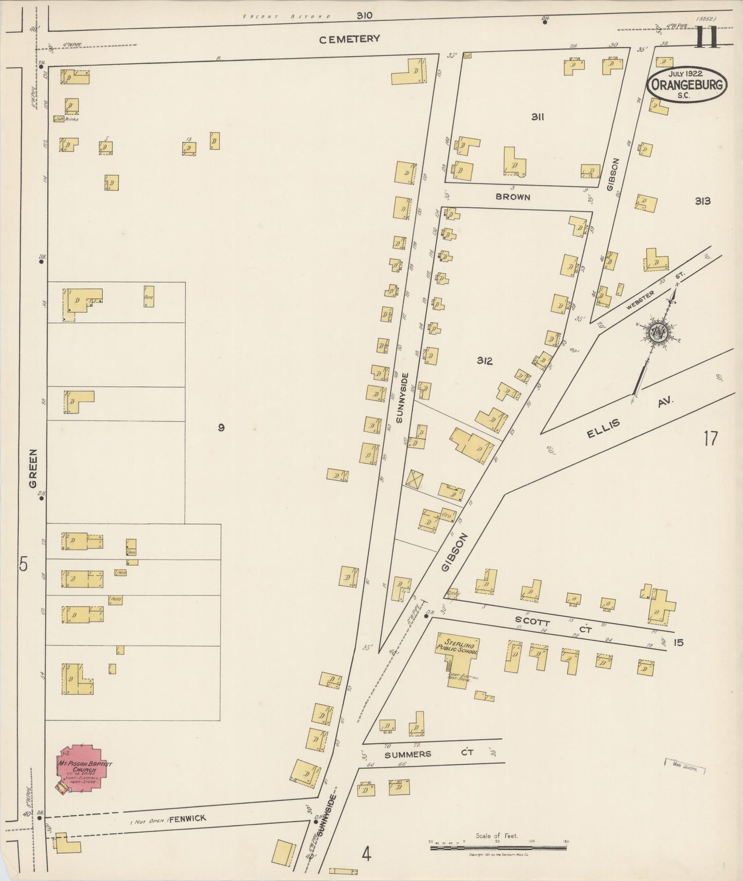 Sanborn Fire Insurance Map from Orangeburg, Orangeburg County, South Carolina (1922), Sheet #0011 - Historic Sanborn Fire Insurance Map Print, vintage old map wall art, antique decor, genealogy gift, South Carolina South Carolina map