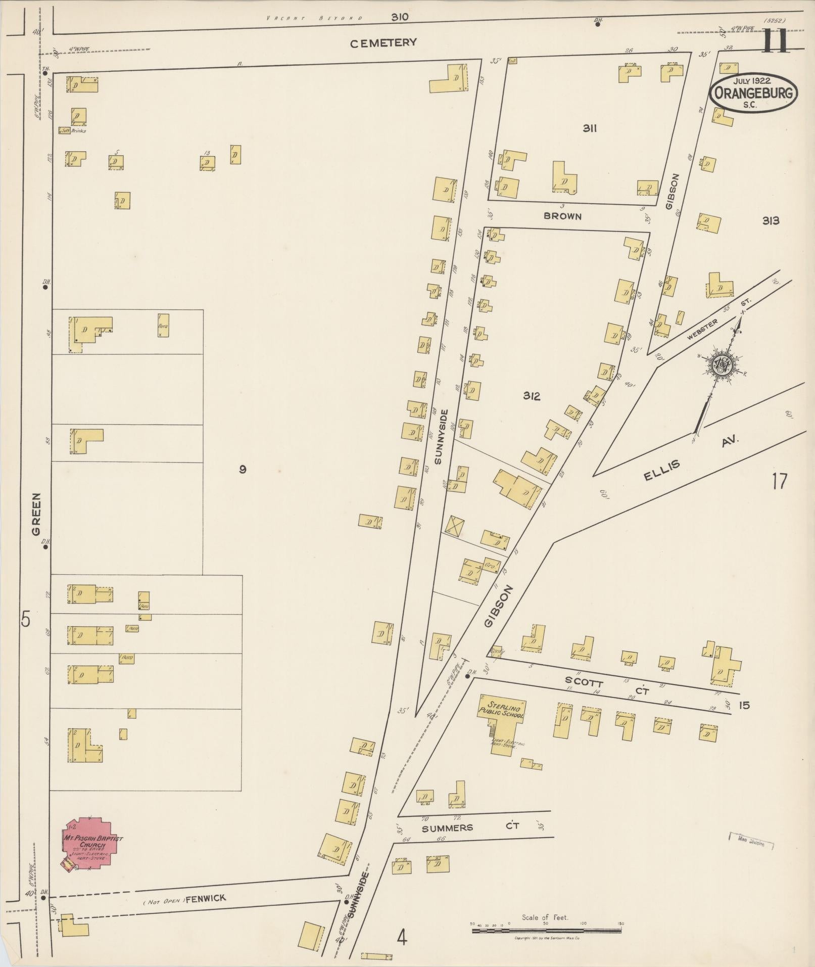 Sanborn Fire Insurance Map from Orangeburg, Orangeburg County, South Carolina (1922), Sheet #0011 - Historic Sanborn Fire Insurance Map Print, vintage old map wall art, antique decor, genealogy gift, South Carolina South Carolina map