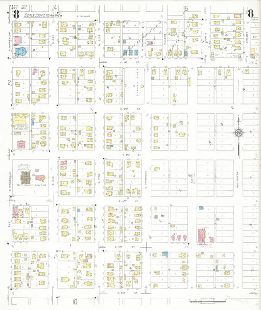 Sanborn Fire Insurance Map from Pratt, Pratt County, Kansas (1935), Sheet #0008 - Historic Sanborn Fire Insurance Map Print, vintage old map wall art, antique decor, genealogy gift, Kansas Kansas map