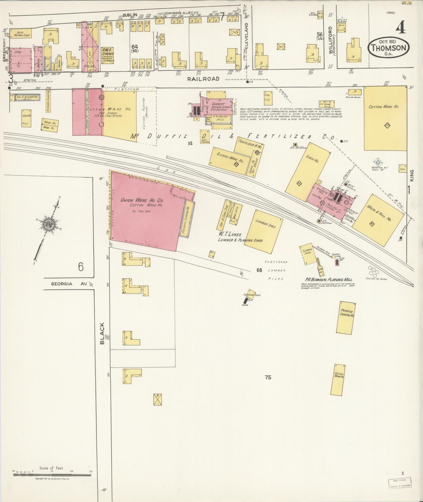 Sanborn Fire Insurance Map from Thomson, McDuffie County, Georgia (1921), Sheet #0004 - Historic Sanborn Fire Insurance Map Print, vintage old map wall art, antique decor, genealogy gift, Georgia Georgia map
