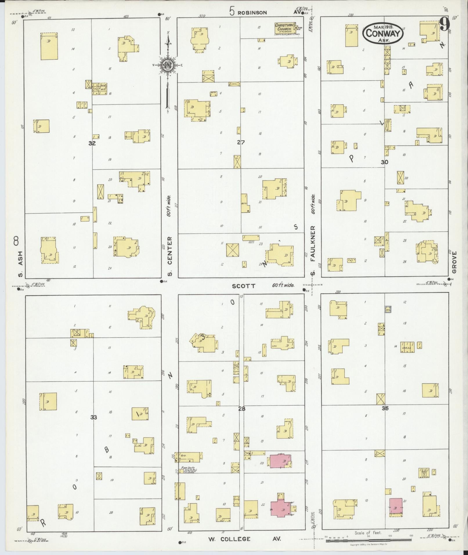 Sanborn Fire Insurance Map from Conway, Faulkner County, Arkansas (1919), Sheet #0009 - Historic Sanborn Fire Insurance Map Print, vintage old map wall art, antique decor, genealogy gift, Arkansas Arkansas map