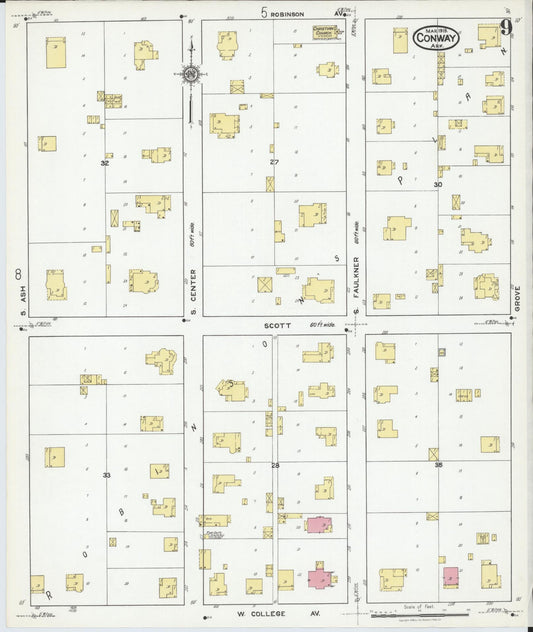 Sanborn Fire Insurance Map from Conway, Faulkner County, Arkansas (1919), Sheet #0009 - Historic Sanborn Fire Insurance Map Print, vintage old map wall art, antique decor, genealogy gift, Arkansas Arkansas map