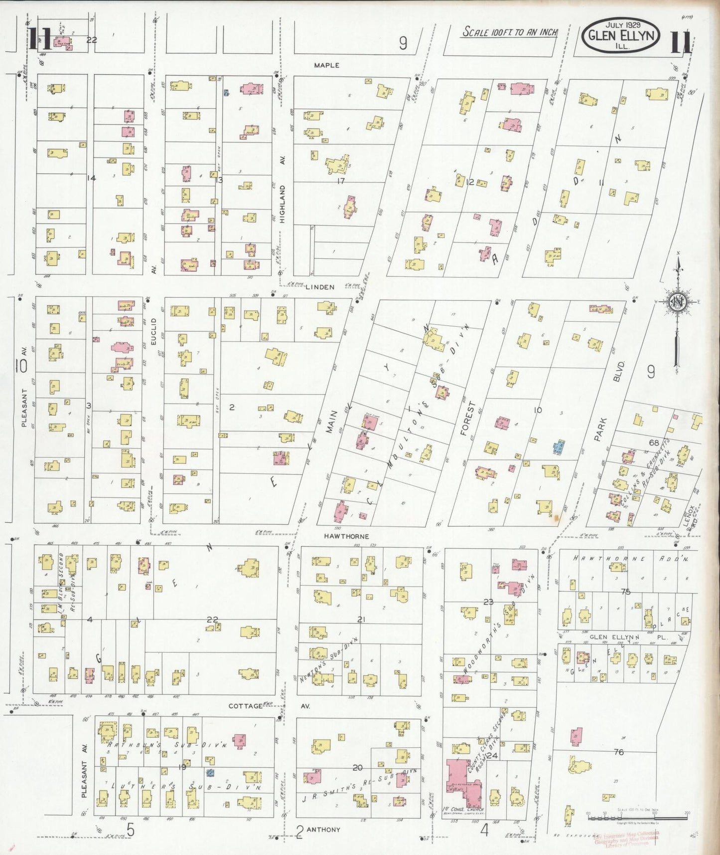 Sanborn Fire Insurance Map from Glen Ellyn, Du Page County, Illinois (1929), Sheet #0011 - Historic Sanborn Fire Insurance Map Print, vintage old map wall art, antique decor, genealogy gift, Illinois Illinois map
