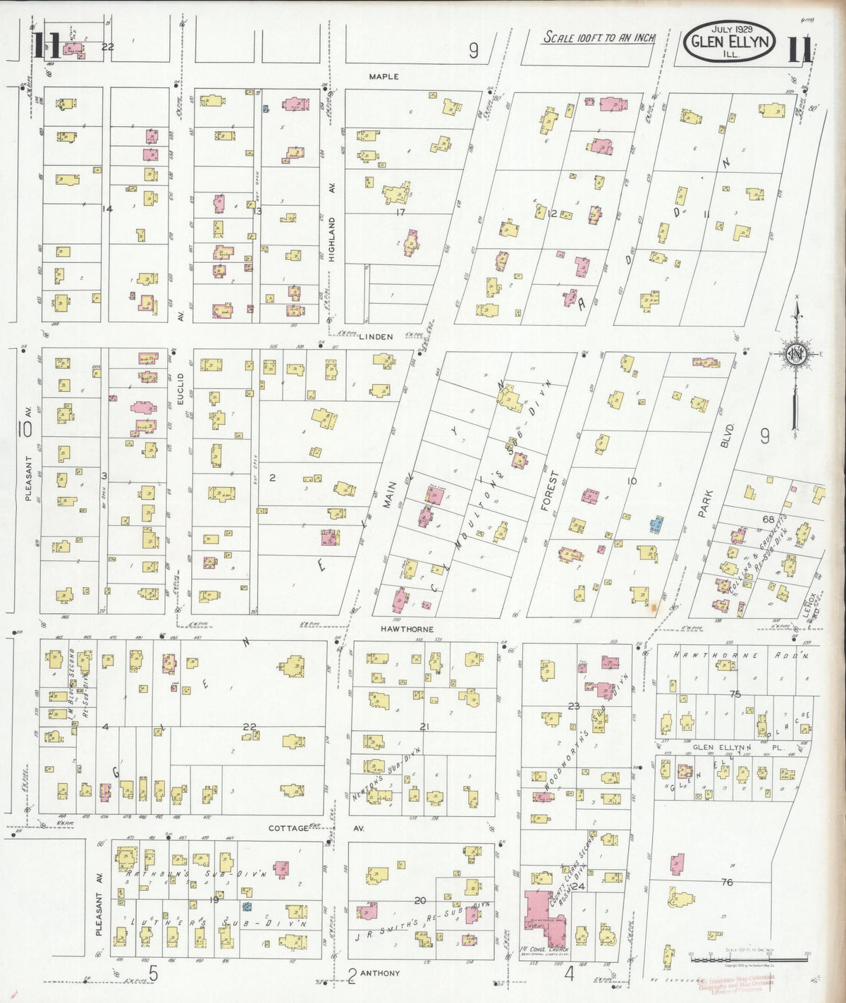 Sanborn Fire Insurance Map from Glen Ellyn, Du Page County, Illinois (1929), Sheet #0011 - Historic Sanborn Fire Insurance Map Print, vintage old map wall art, antique decor, genealogy gift, Illinois Illinois map