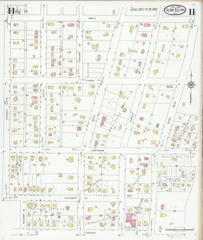 Sanborn Fire Insurance Map from Glen Ellyn, Du Page County, Illinois (1929), Sheet #0011 - Historic Sanborn Fire Insurance Map Print, vintage old map wall art, antique decor, genealogy gift, Illinois Illinois map