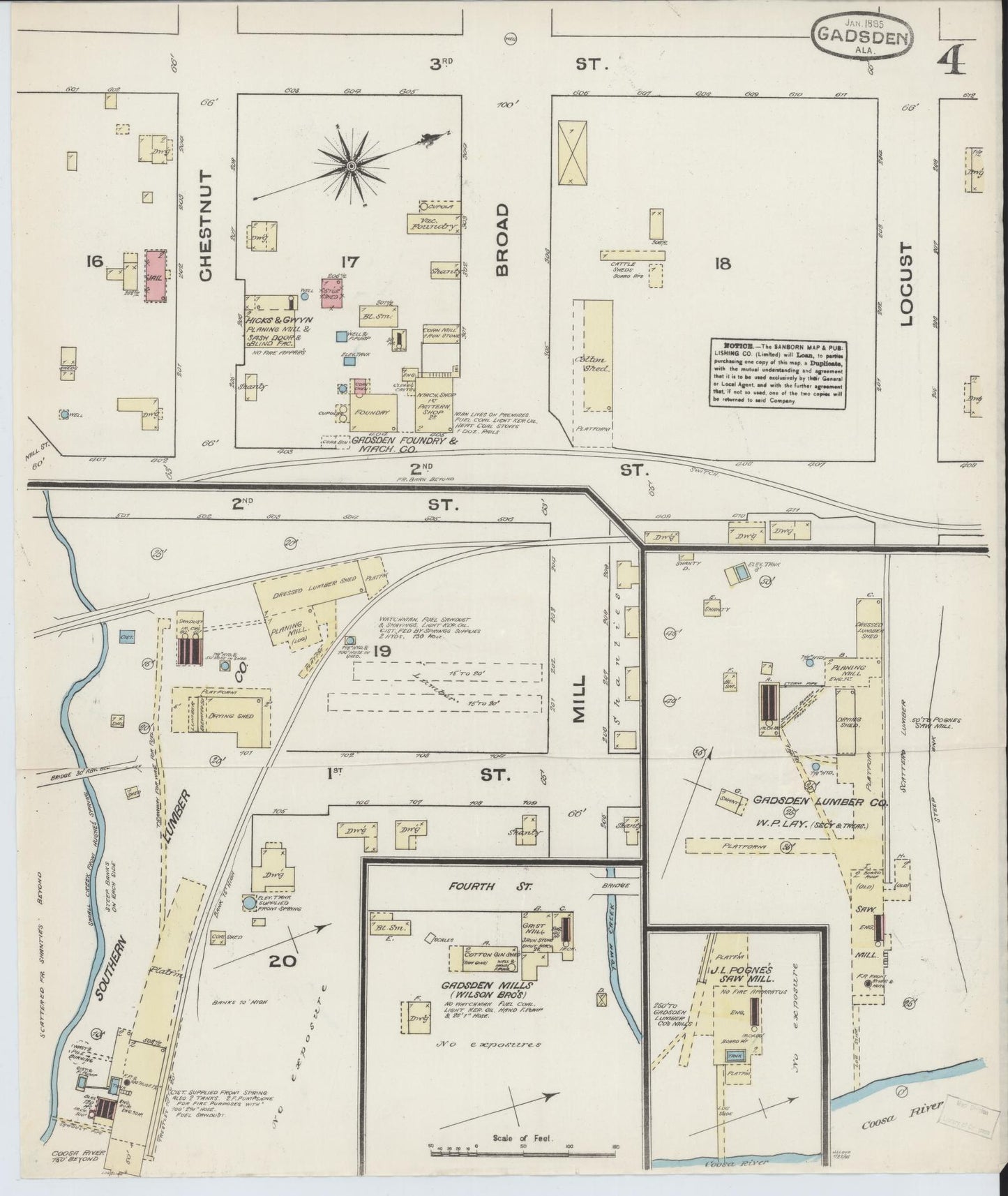 Sanborn Fire Insurance Map from Gadsden, Etowah County, Alabama (1885), Sheet #0004 - Complete Map Set gallery image, historic Sanborn map, vintage wall art, Alabama Alabama