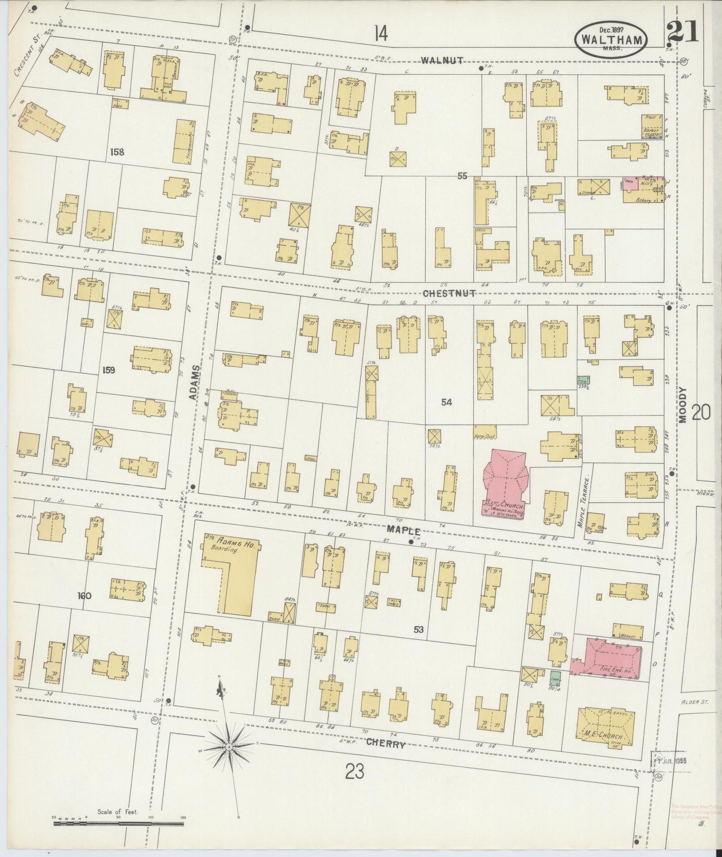 Sanborn Fire Insurance Map from Waltham, Middlesex County, Massachusetts (1897), Sheet #0021 - Complete Map Set gallery image, historic Sanborn map, vintage wall art, Massachusetts Massachusetts