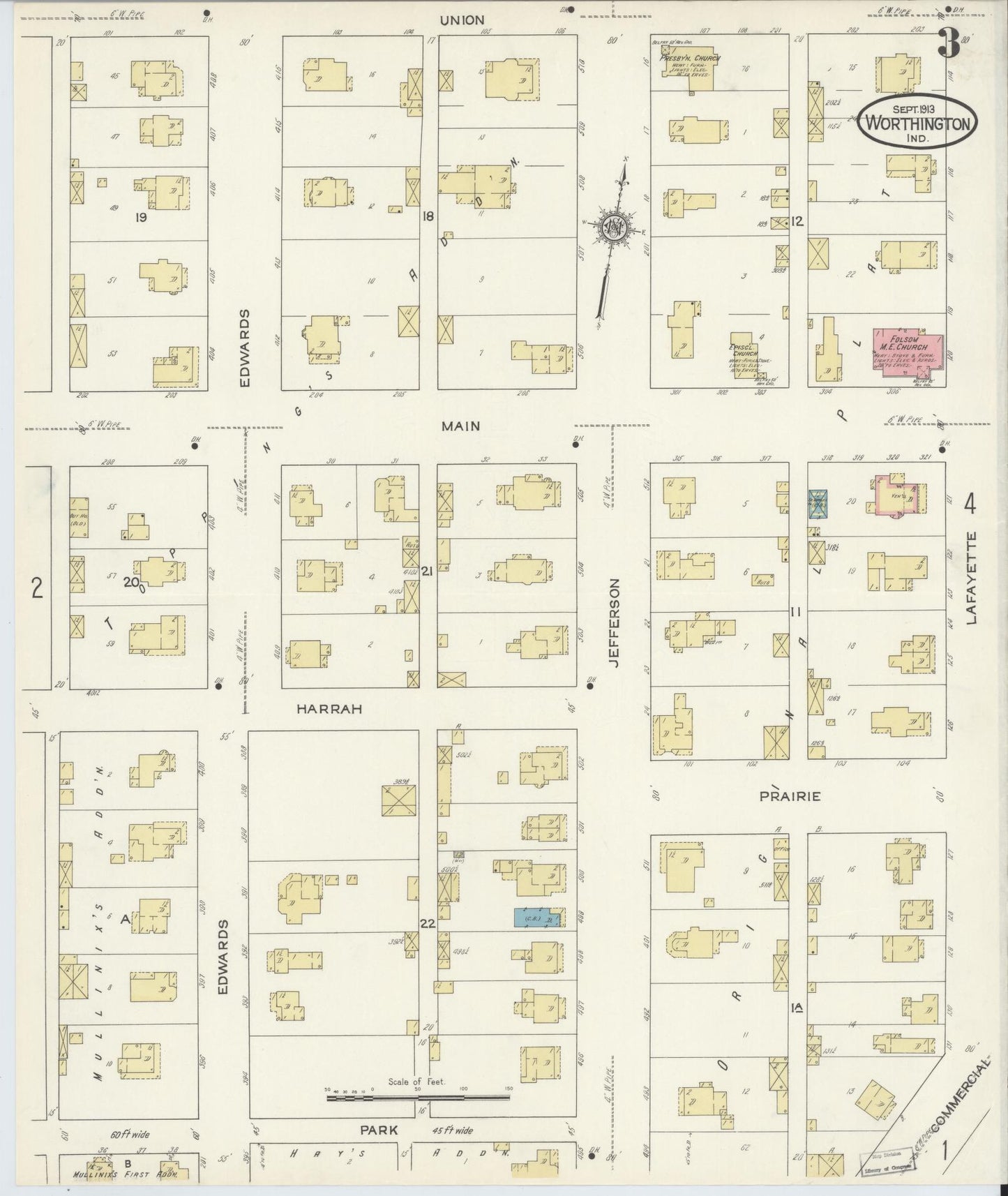 Sanborn Fire Insurance Map from Worthington, Greene County, Indiana (1913), Sheet #0003 - Historic Sanborn Fire Insurance Map Print, vintage old map wall art, antique decor, genealogy gift, Indiana Indiana map