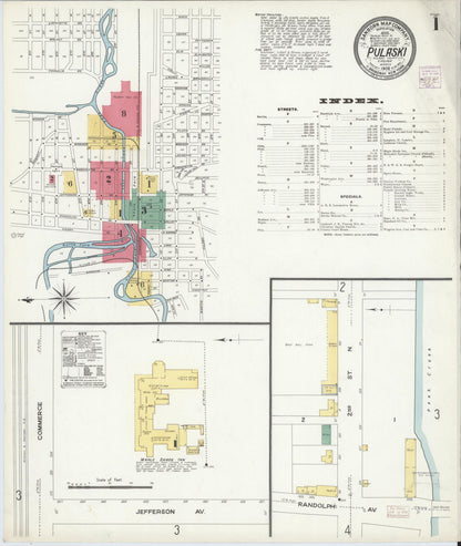 Sanborn Fire Insurance Map from Pulaski, Pulaski County, Virginia (1908), Sheet #0001 - Historic Sanborn Fire Insurance Map Print, vintage old map wall art, antique decor, genealogy gift, Virginia Virginia map