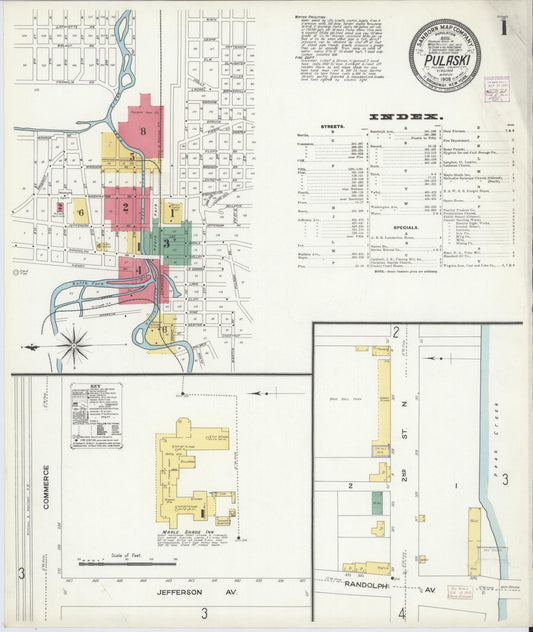 Sanborn Fire Insurance Map from Pulaski, Pulaski County, Virginia (1908), Sheet #0001 - Historic Sanborn Fire Insurance Map Print, vintage old map wall art, antique decor, genealogy gift, Virginia Virginia map
