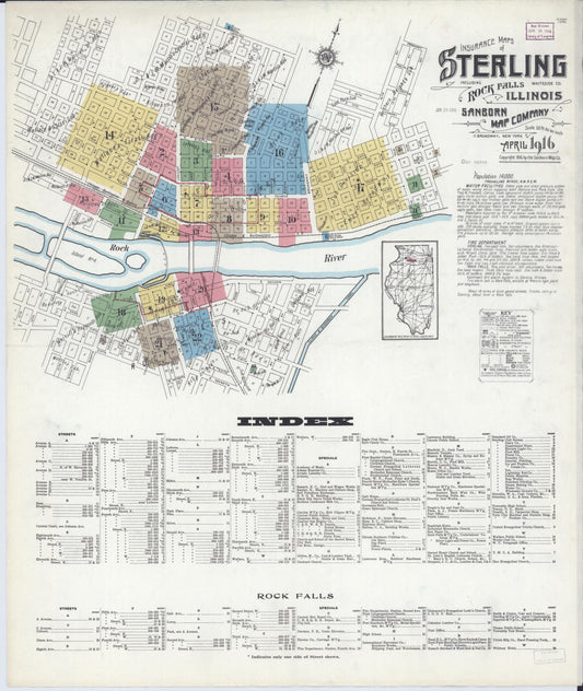 Sanborn Fire Insurance Map from Sterling, Whiteside County, Illinois (1916), Sheet #0001 - Historic Sanborn Fire Insurance Map Print, vintage old map wall art, antique decor, genealogy gift, Illinois Illinois map