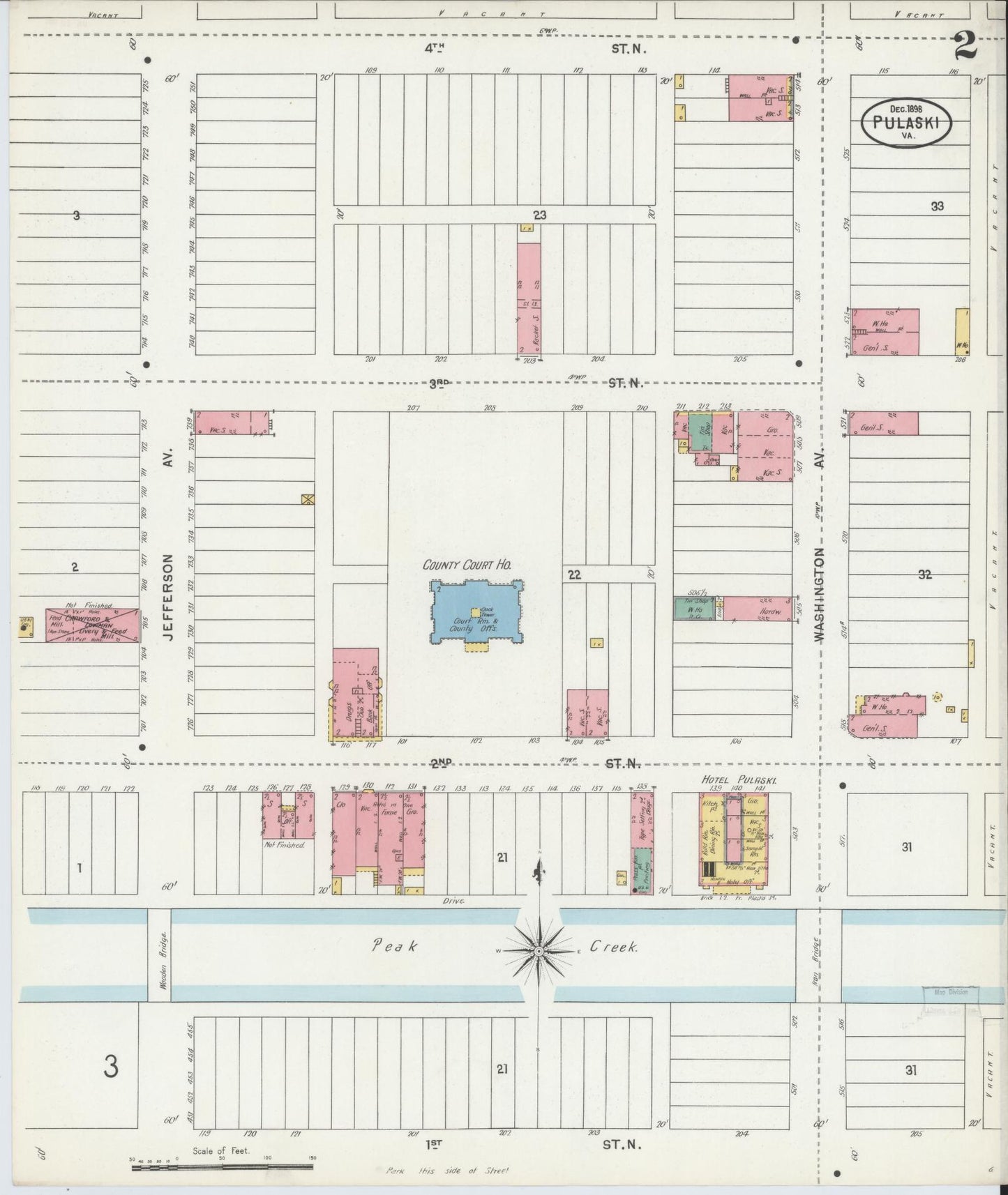 Sanborn Fire Insurance Map from Pulaski, Pulaski County, Virginia (1898), Sheet #0002 - Complete Map Set gallery image, historic Sanborn map, vintage wall art, Virginia Virginia