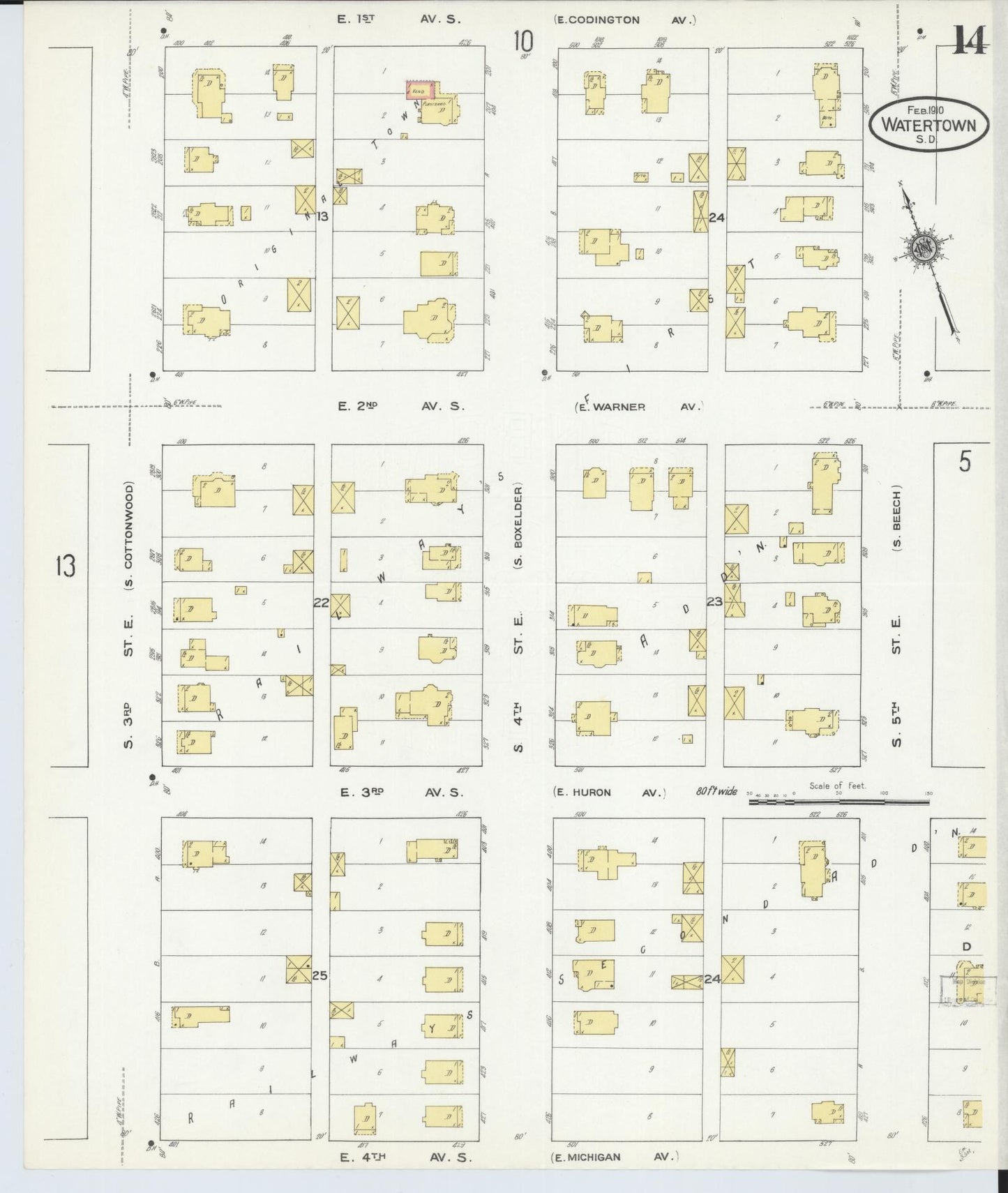 Sanborn Fire Insurance Map from Watertown, Codington County, South Dakota (1910), Sheet #0014 - Complete Map Set gallery image, historic Sanborn map, vintage wall art, South Dakota South Dakota