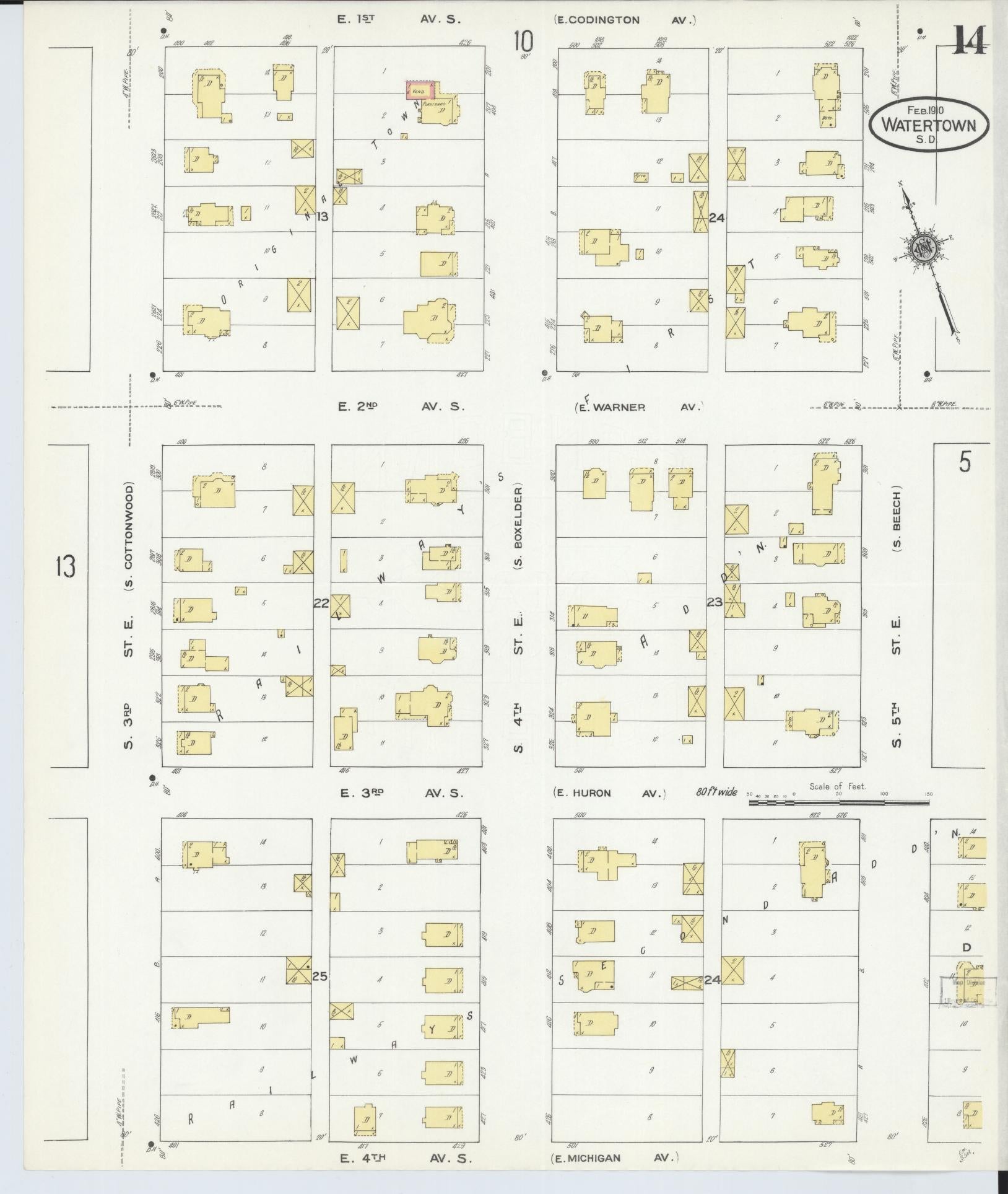 Sanborn Fire Insurance Map from Watertown, Codington County, South Dakota (1910), Sheet #0014 - Complete Map Set gallery image, historic Sanborn map, vintage wall art, South Dakota South Dakota