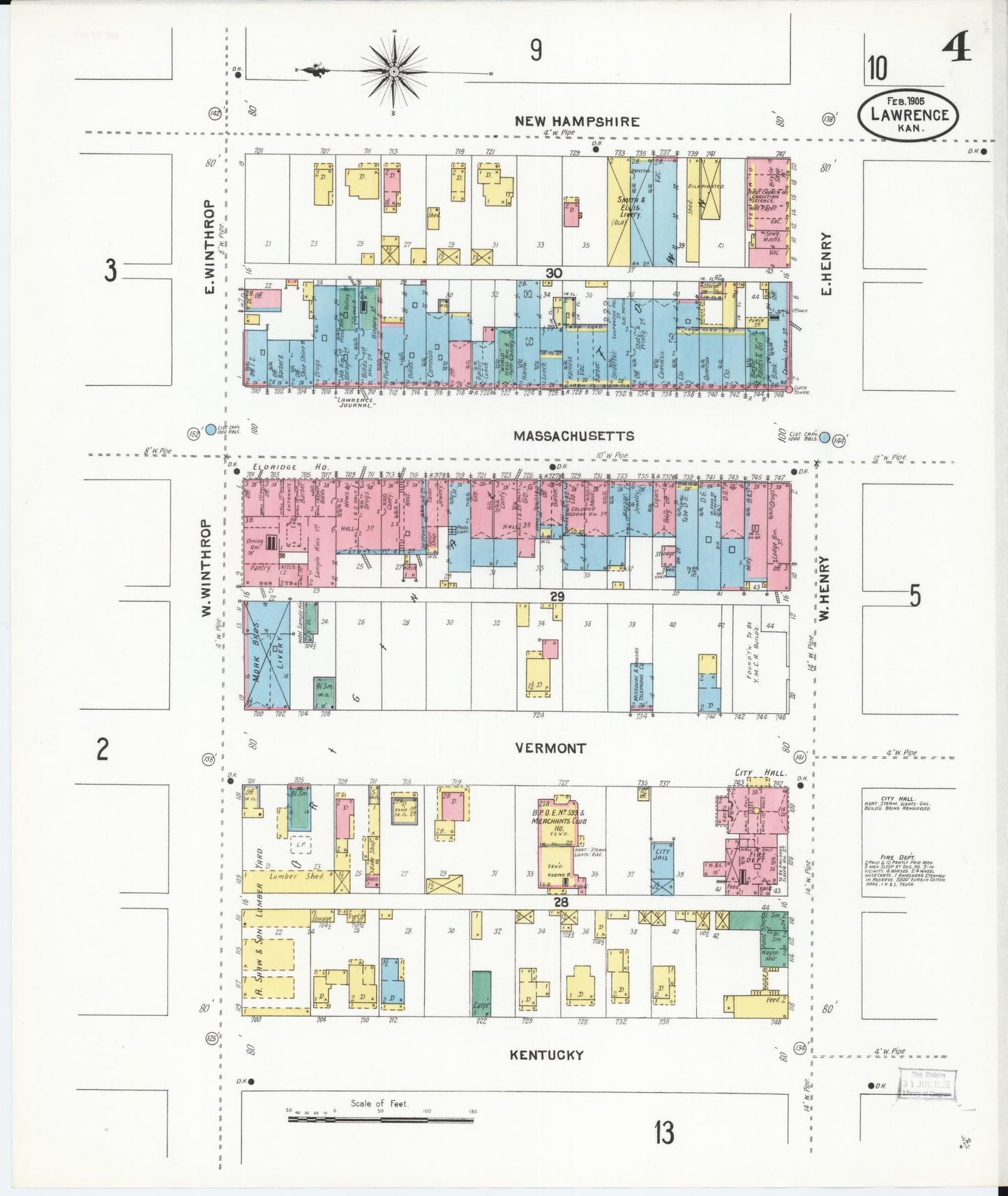 Sanborn Fire Insurance Map from Lawrence, Douglas County, Kansas (1905), Sheet #0004 - Complete Map Set gallery image, historic Sanborn map, vintage wall art, Kansas Kansas