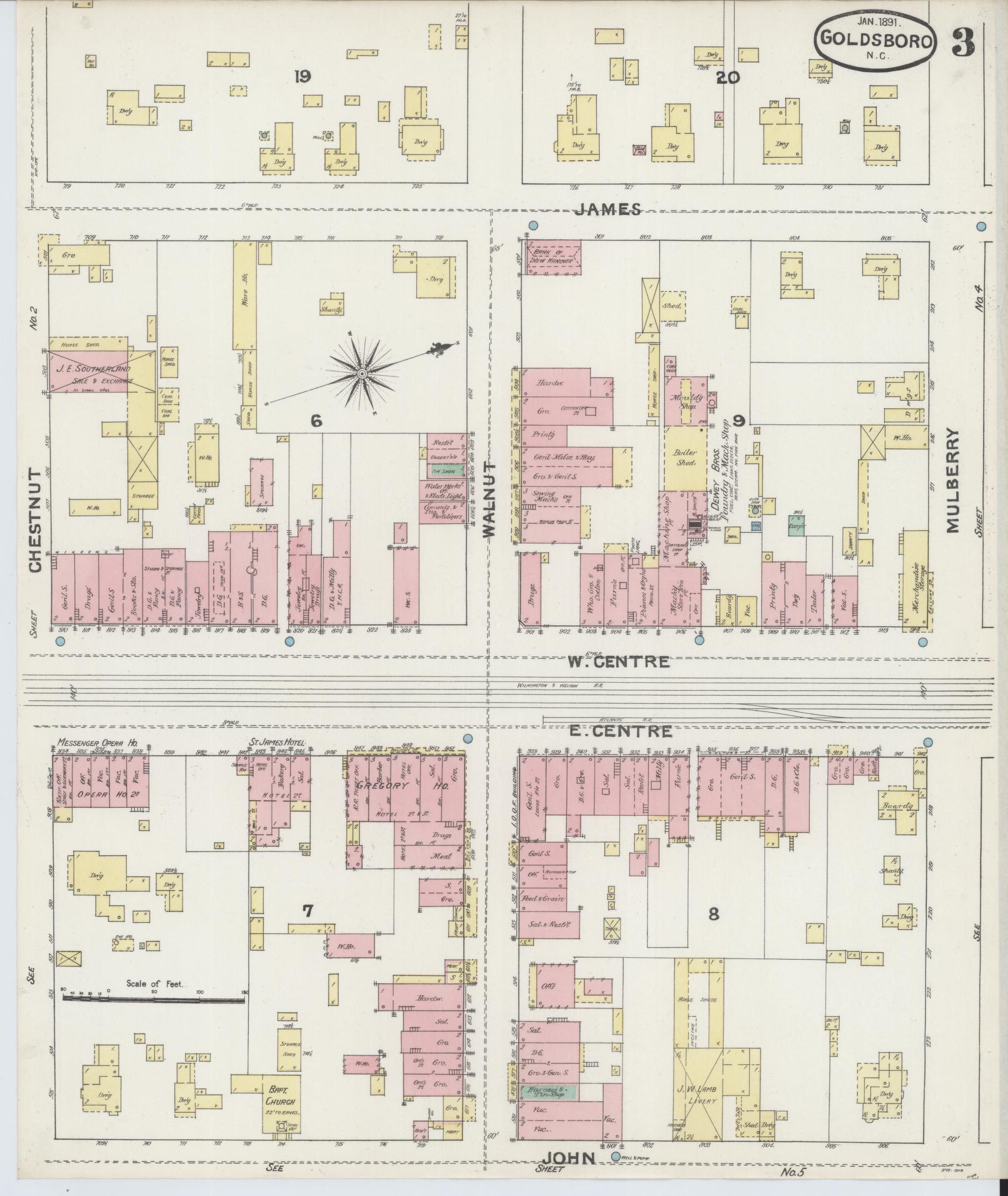 Sanborn Fire Insurance Map from Goldsboro, Wayne County, North Carolina (1891), Sheet #0003 - Historic Sanborn Fire Insurance Map Print, vintage old map wall art, antique decor, genealogy gift, North Carolina North Carolina map