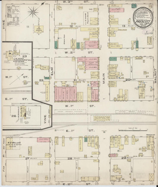 Sanborn Fire Insurance Map from Prescott, Nevada County, Arkansas (1885), Sheet #0001 - Historic Sanborn Fire Insurance Map Print, vintage old map wall art, antique decor, genealogy gift, Prescott Nevada map