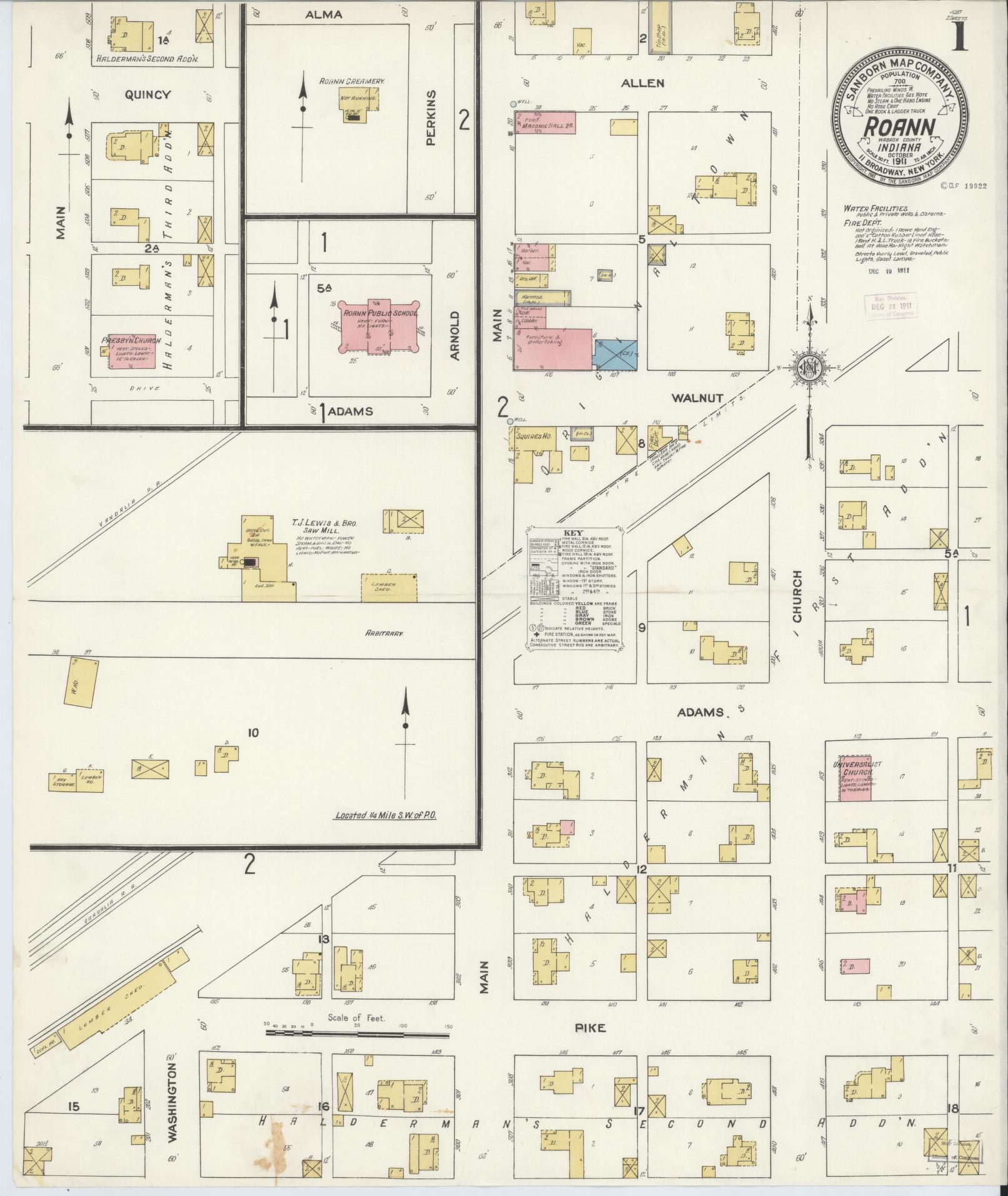 Sanborn Fire Insurance Map from Roann, Wabash County, Indiana (1911), Sheet #0001 - Historic Sanborn Fire Insurance Map Print, vintage old map wall art, antique decor, genealogy gift, Indiana Indiana map