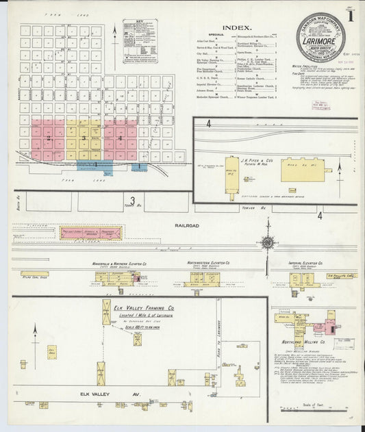 Sanborn Fire Insurance Map from Larimore, Grand Forks County, North Dakota (1910), Sheet #0001 - Complete Map Set gallery image, historic Sanborn map, vintage wall art, North Dakota North Dakota