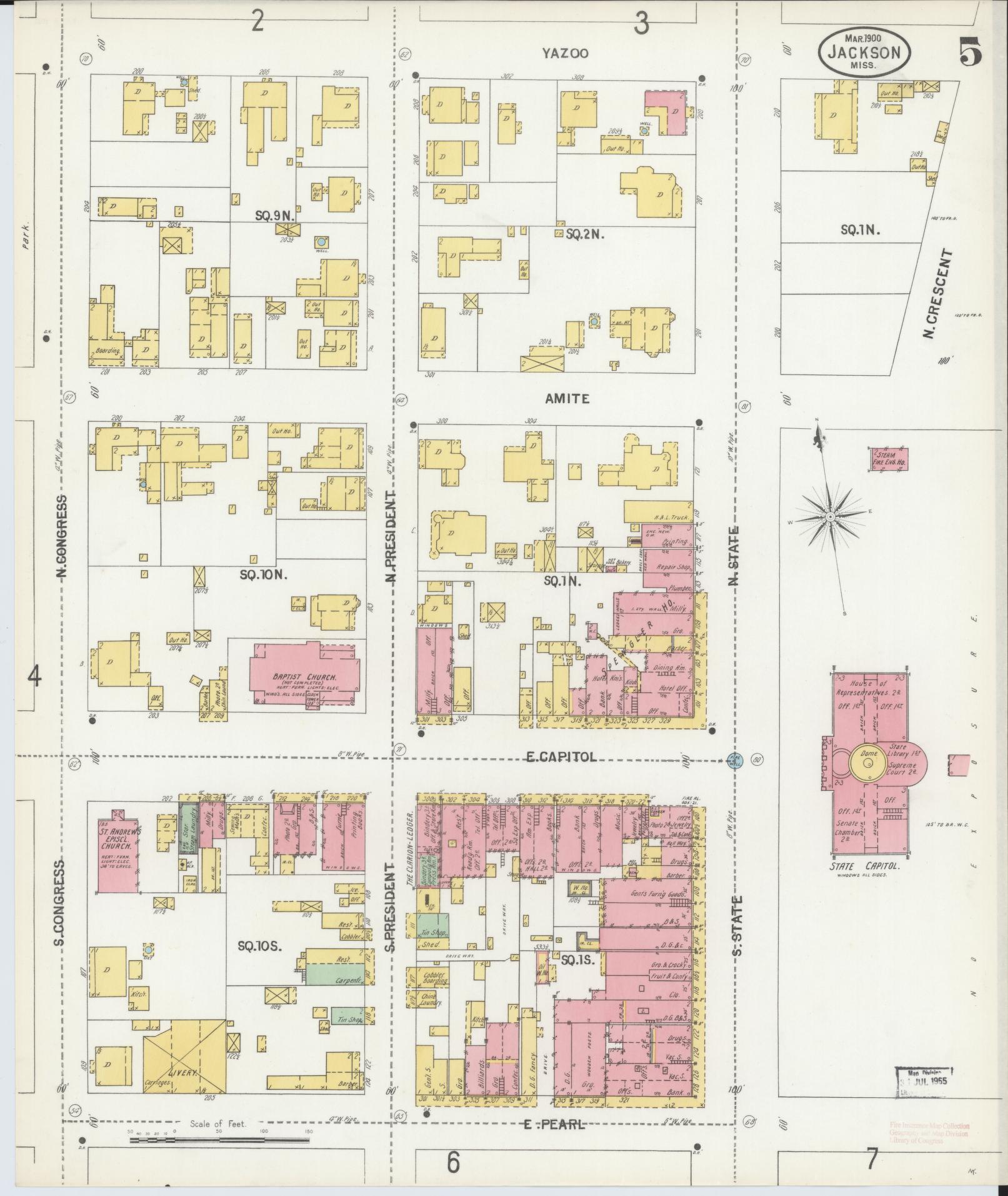 Sanborn Fire Insurance Map from Jackson, Hinds County, Mississippi (1900), Sheet #0005 - Historic Sanborn Fire Insurance Map Print, vintage old map wall art, antique decor, genealogy gift, Mississippi Mississippi map