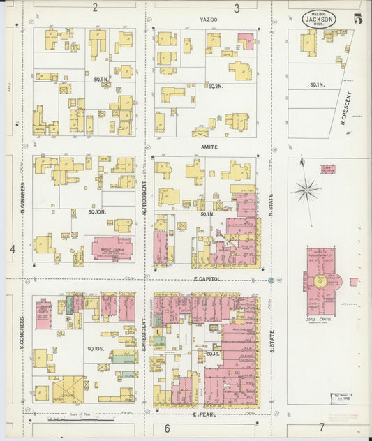 Sanborn Fire Insurance Map from Jackson, Hinds County, Mississippi (1900), Sheet #0005 - Historic Sanborn Fire Insurance Map Print, vintage old map wall art, antique decor, genealogy gift, Mississippi Mississippi map