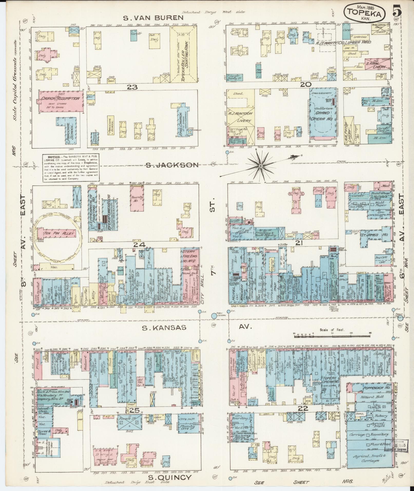 Sanborn Fire Insurance Map from Topeka, Shawnee County, Kansas (1885), Sheet #0005 - Complete Map Set gallery image, historic Sanborn map, vintage wall art, Kansas Kansas
