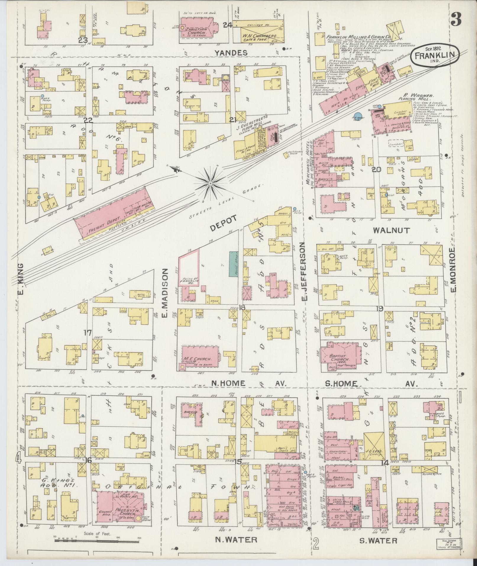 Sanborn Fire Insurance Map from Franklin, Johnson County, Indiana (1892), Sheet #0003 - Complete Map Set gallery image, historic Sanborn map, vintage wall art, Indiana Indiana