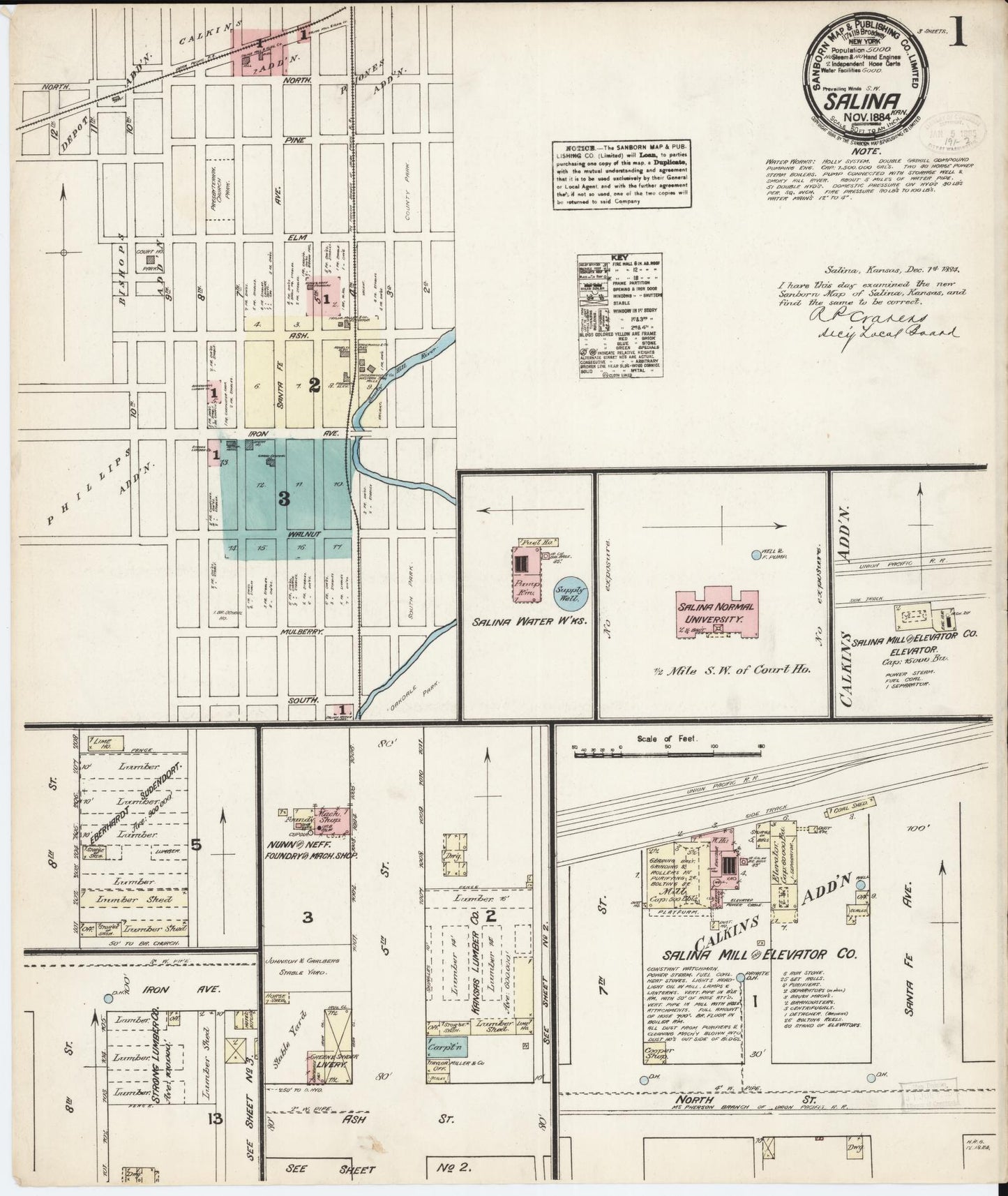 Sanborn Fire Insurance Map from Salina, Saline County, Kansas (1884), Sheet #0001 - Historic Sanborn Fire Insurance Map Print, vintage old map wall art, antique decor, genealogy gift, Kansas Kansas map