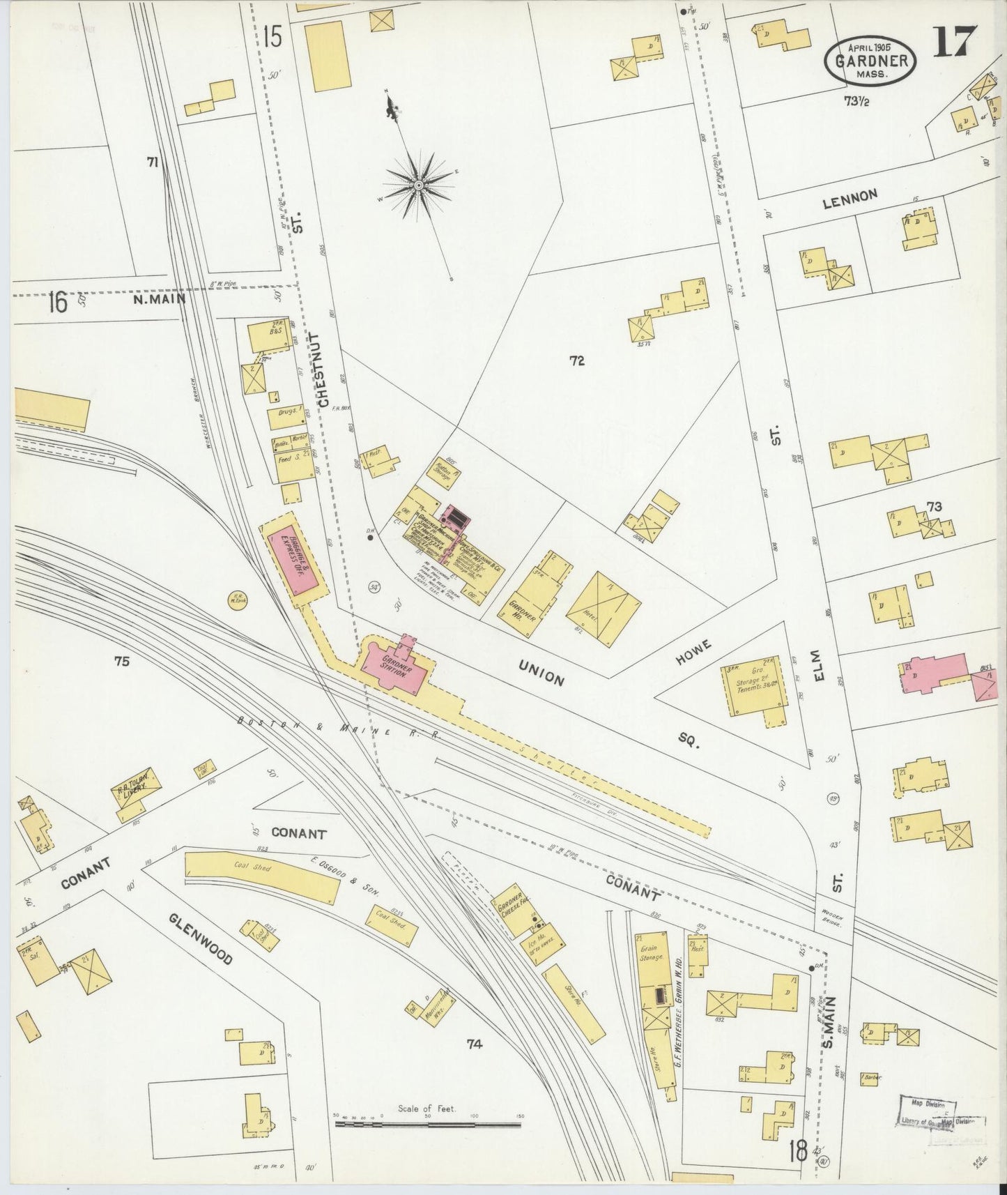 Sanborn Fire Insurance Map from Gardner, Worcester County, Massachusetts (1905), Sheet #0017 - Historic Sanborn Fire Insurance Map Print, vintage old map wall art, antique decor, genealogy gift, Massachusetts Massachusetts map