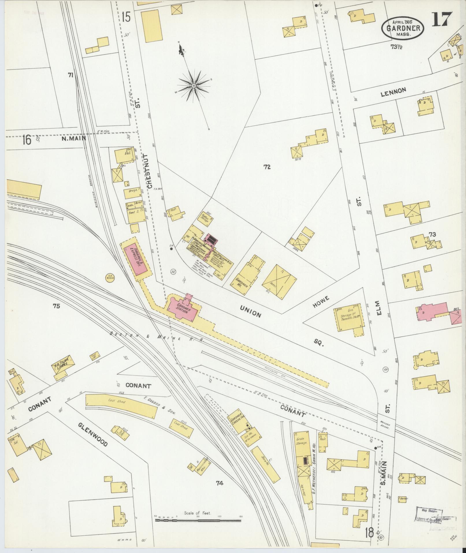Sanborn Fire Insurance Map from Gardner, Worcester County, Massachusetts (1905), Sheet #0017 - Historic Sanborn Fire Insurance Map Print, vintage old map wall art, antique decor, genealogy gift, Massachusetts Massachusetts map
