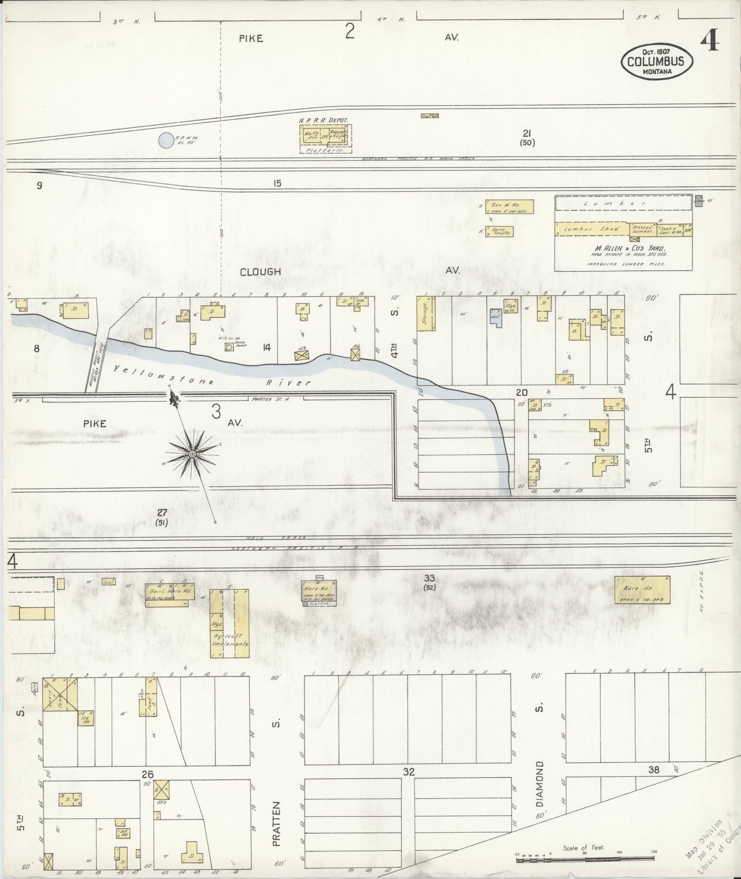 Sanborn Fire Insurance Map from Columbus, Stillwater County, Montana (1907), Sheet #0004 - Historic Sanborn Fire Insurance Map Print, vintage old map wall art, antique decor, genealogy gift, Montana Montana map