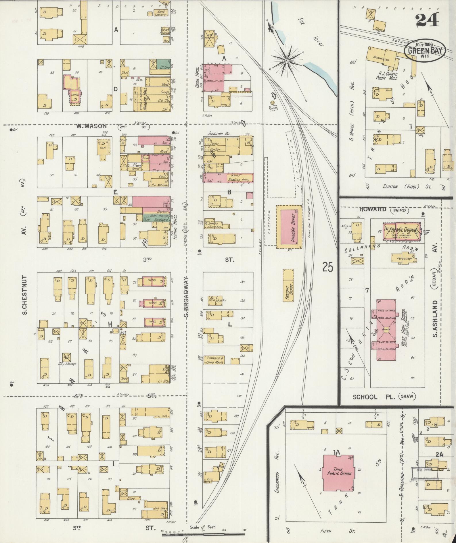 Sanborn Fire Insurance Map from Green Bay, Brown County, Wisconsin (1900), Sheet #0024 - Historic Sanborn Fire Insurance Map Print, vintage old map wall art, antique decor, genealogy gift, Wisconsin Wisconsin map