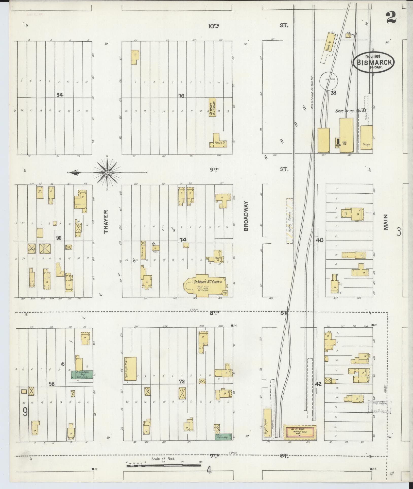 Sanborn Fire Insurance Map from Bismarck, Burleigh County, North Dakota (1904), Sheet #0002 - Historic Sanborn Fire Insurance Map Print, vintage old map wall art, antique decor, genealogy gift, North Dakota North Dakota map
