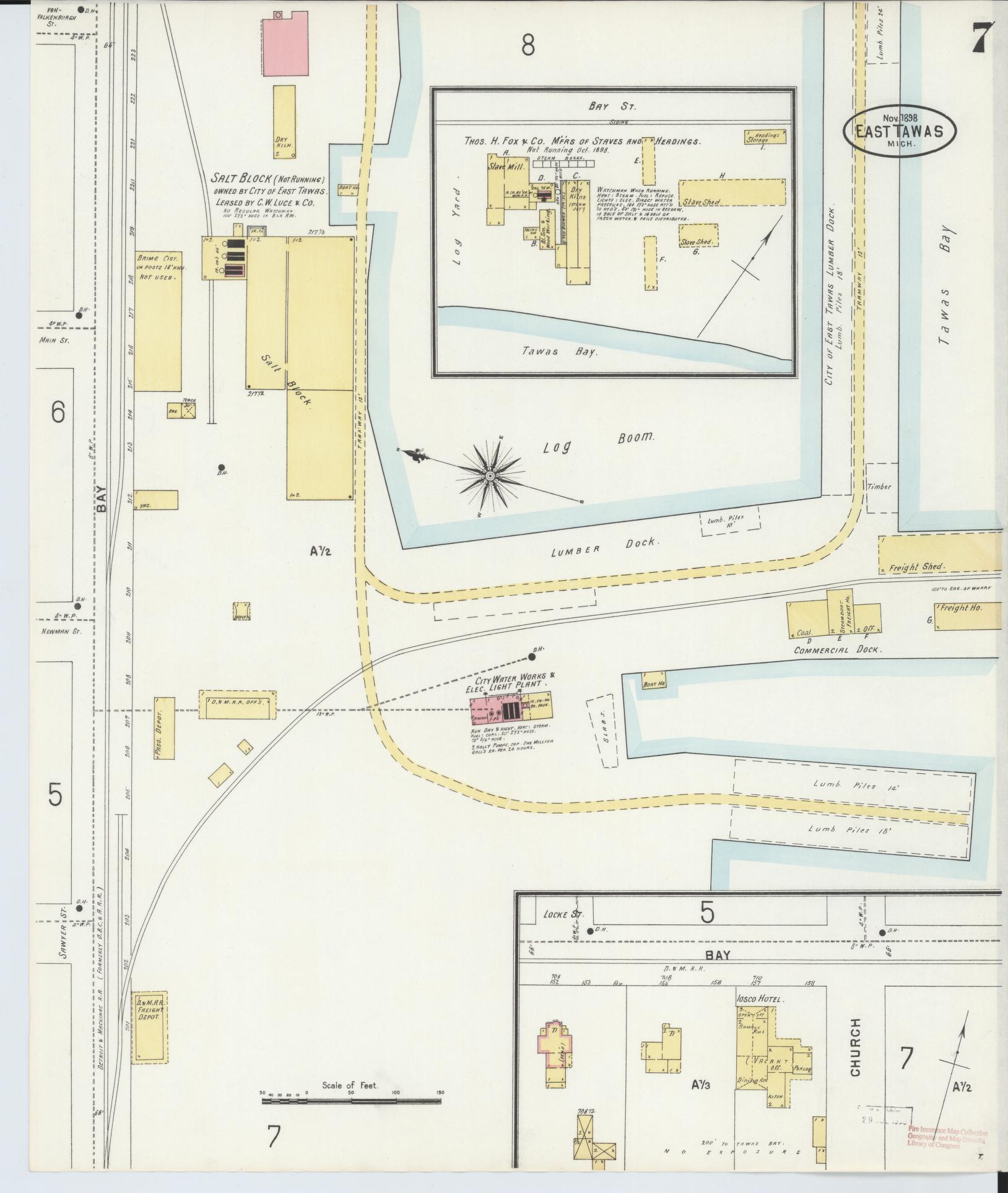 Sanborn Fire Insurance Map from East Tawas, Iosco County, Michigan (1898), Sheet #0007 - Historic Sanborn Fire Insurance Map Print, vintage old map wall art, antique decor, genealogy gift, Michigan Michigan map