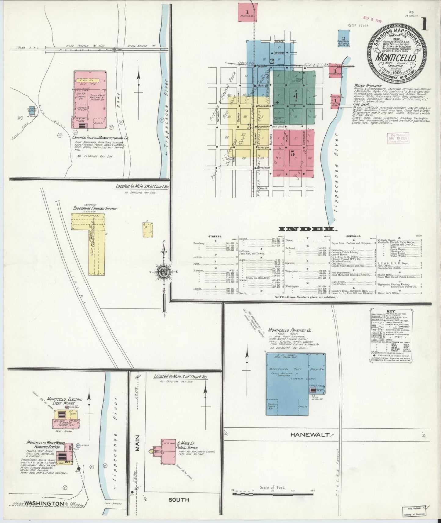 Sanborn Fire Insurance Map from Monticello, White County, Indiana (1909), Sheet #0001 - Historic Sanborn Fire Insurance Map Print, vintage old map wall art, antique decor, genealogy gift, Indiana Indiana map