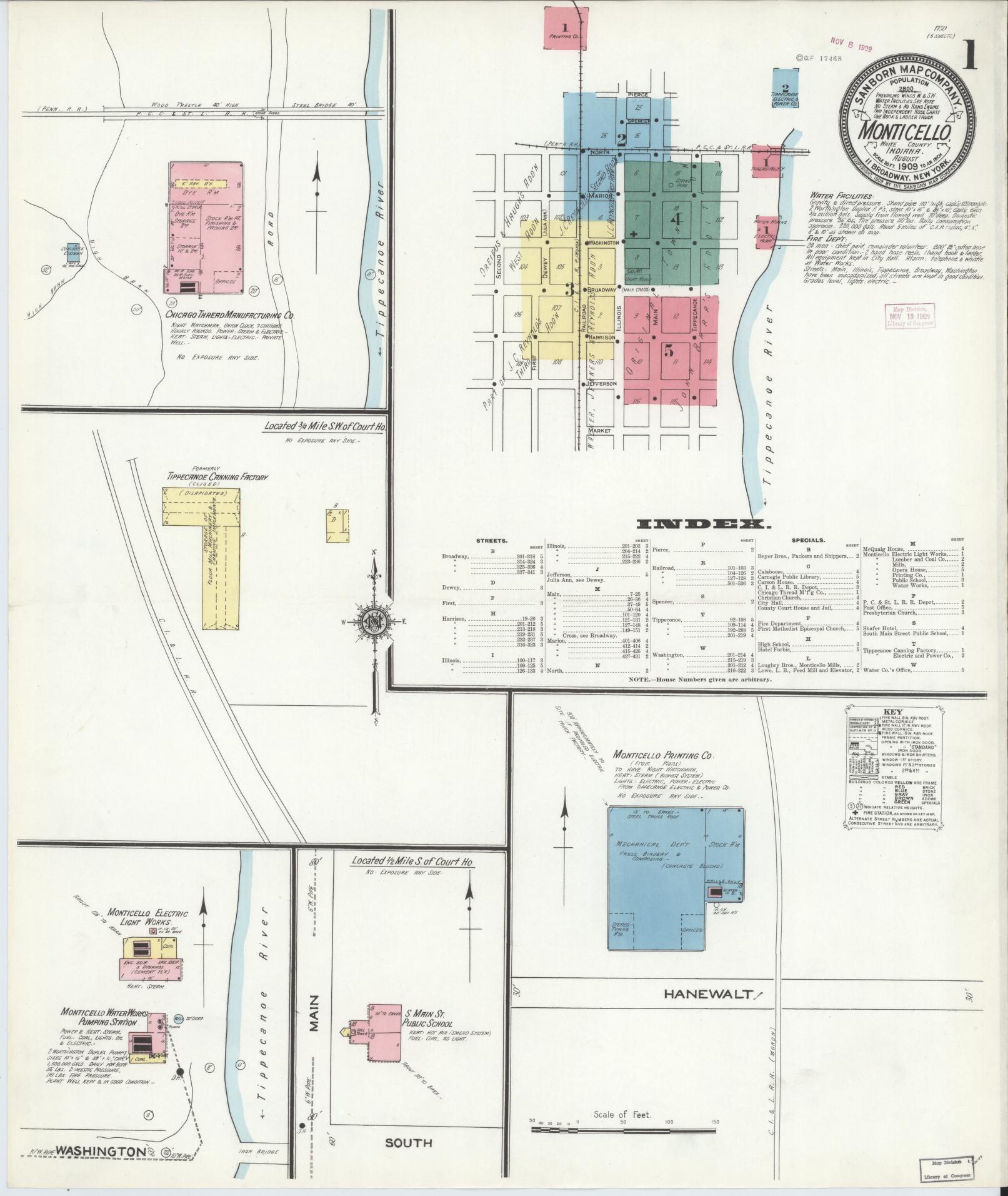 Sanborn Fire Insurance Map from Monticello, White County, Indiana (1909), Sheet #0001 - Historic Sanborn Fire Insurance Map Print, vintage old map wall art, antique decor, genealogy gift, Indiana Indiana map