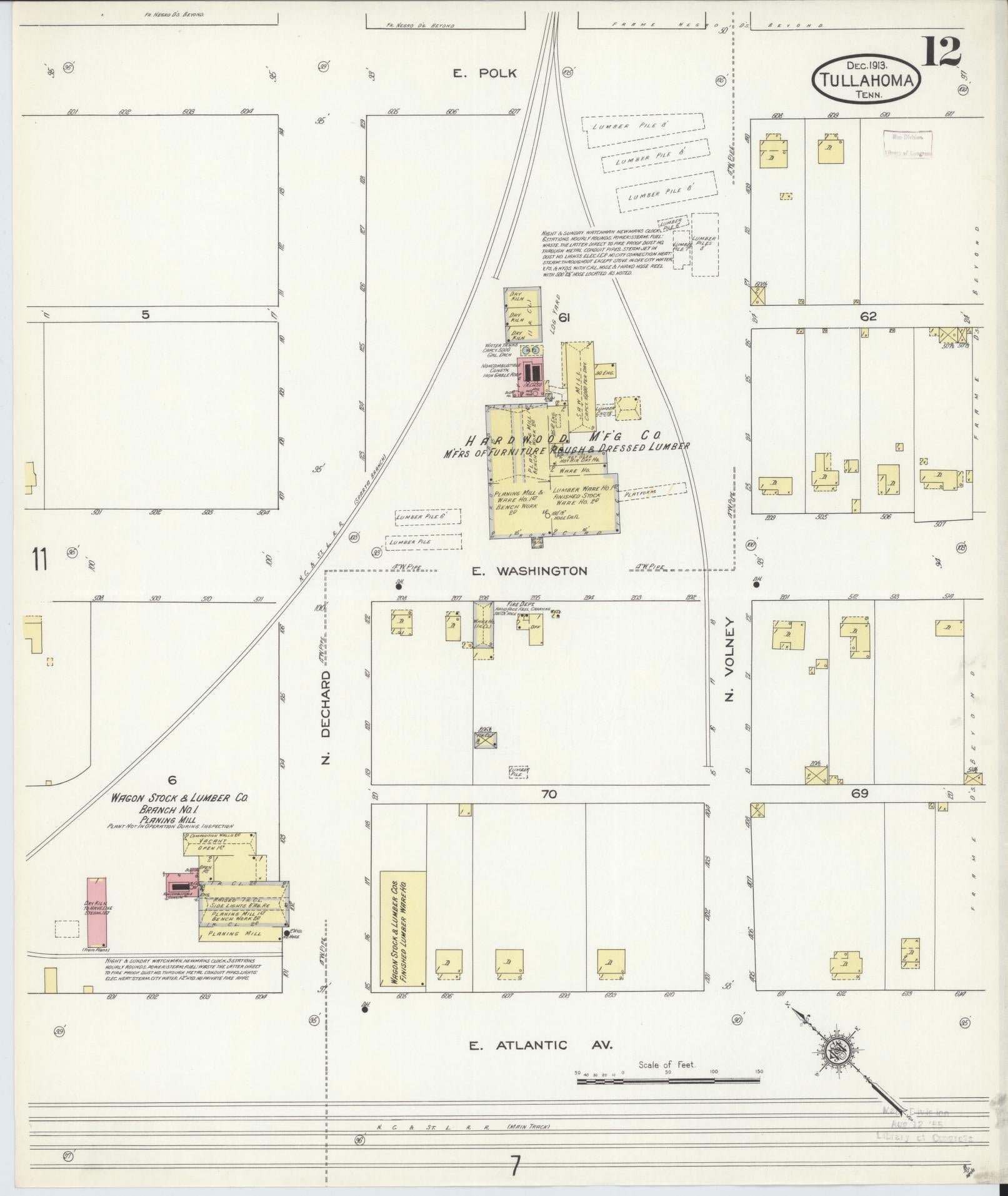 Sanborn Fire Insurance Map from Tullahoma, Coffee County, Tennessee (1913), Sheet #0012 - Complete Map Set gallery image, historic Sanborn map, vintage wall art, Tennessee Tennessee