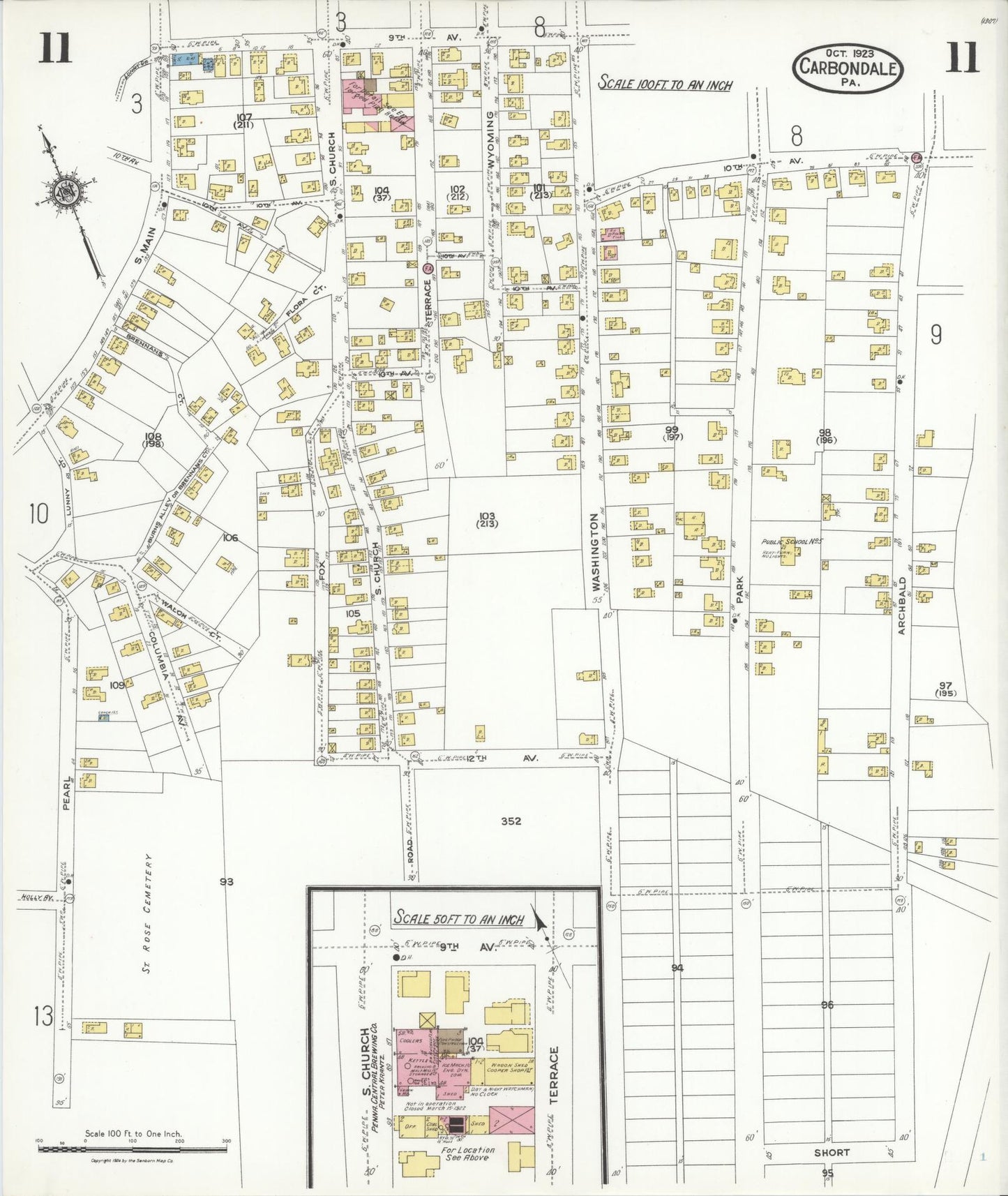 Sanborn Fire Insurance Map from Carbondale, Lackawanna County, Pennsylvania (1923), Sheet #0011 - Historic Sanborn Fire Insurance Map Print, vintage old map wall art, antique decor, genealogy gift, Pennsylvania Pennsylvania map